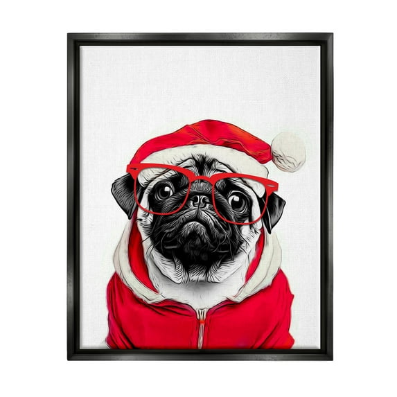 Stupell Industries Pug in Santa Hat Holiday Painting Black Floater Framed Canvas Art Print Wall Art, 25 x 31