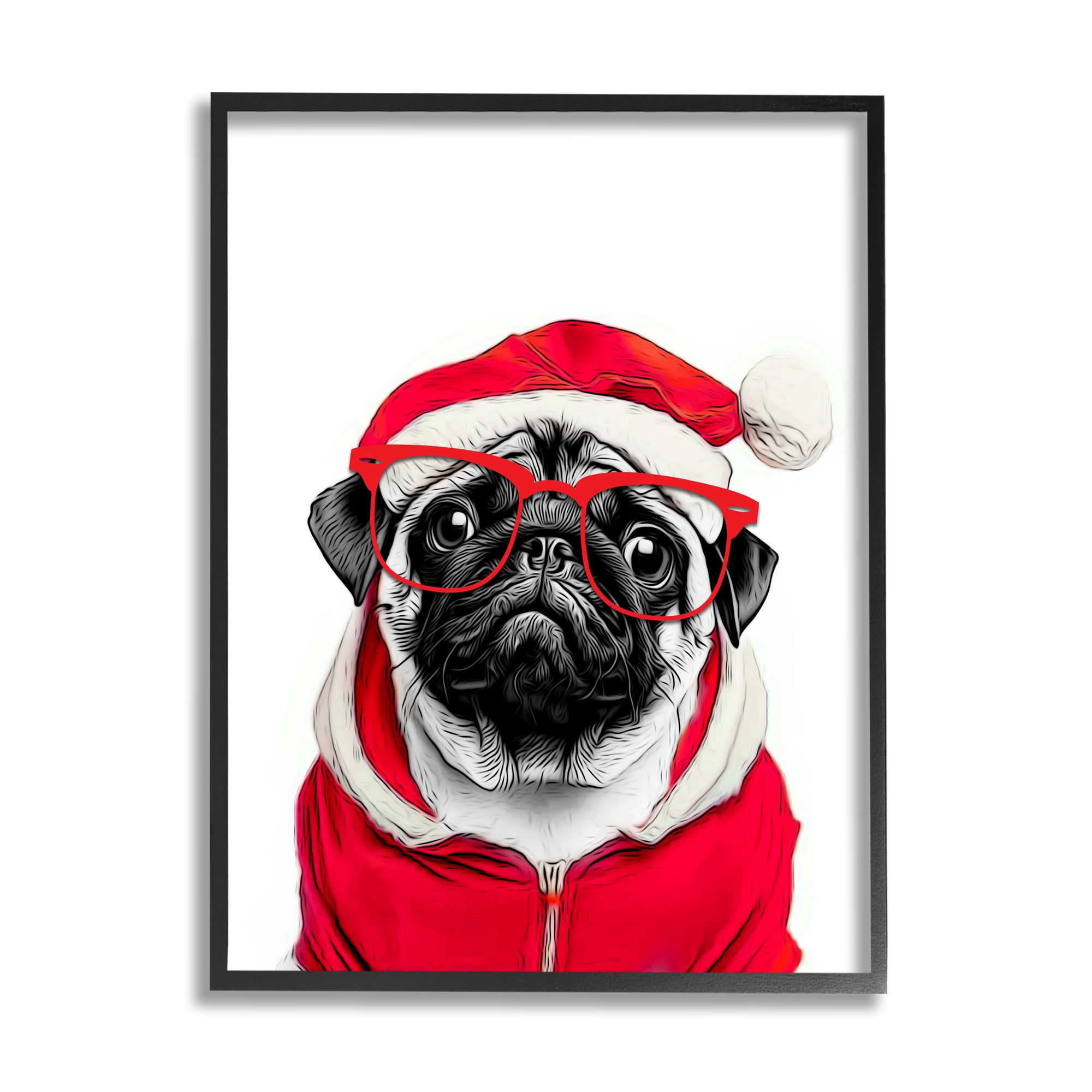 Stupell Industries Pug in Santa Hat Holiday Painting Black Framed Art Print Wall Art, 11 x 14