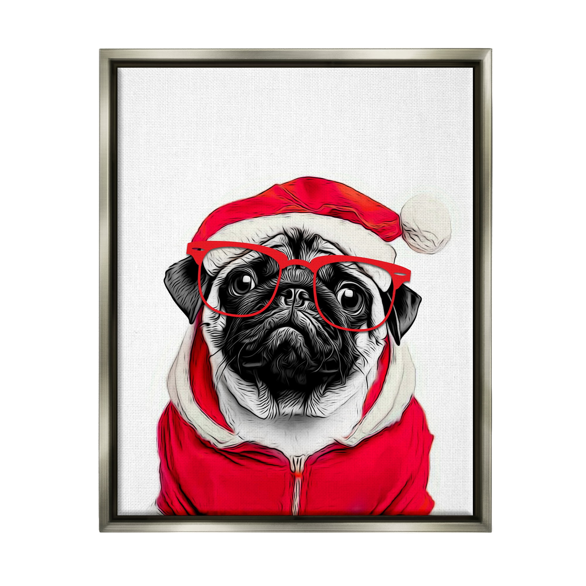 Stupell Industries Pug in Santa Hat Holiday Painting Gray Floater Framed Canvas Art Print Wall Art, 17 x 21