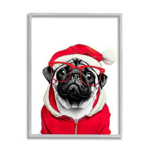 Stupell Industries Pug in Santa Hat Holiday Painting Gray Framed Art Print Wall Art, 11 x 14