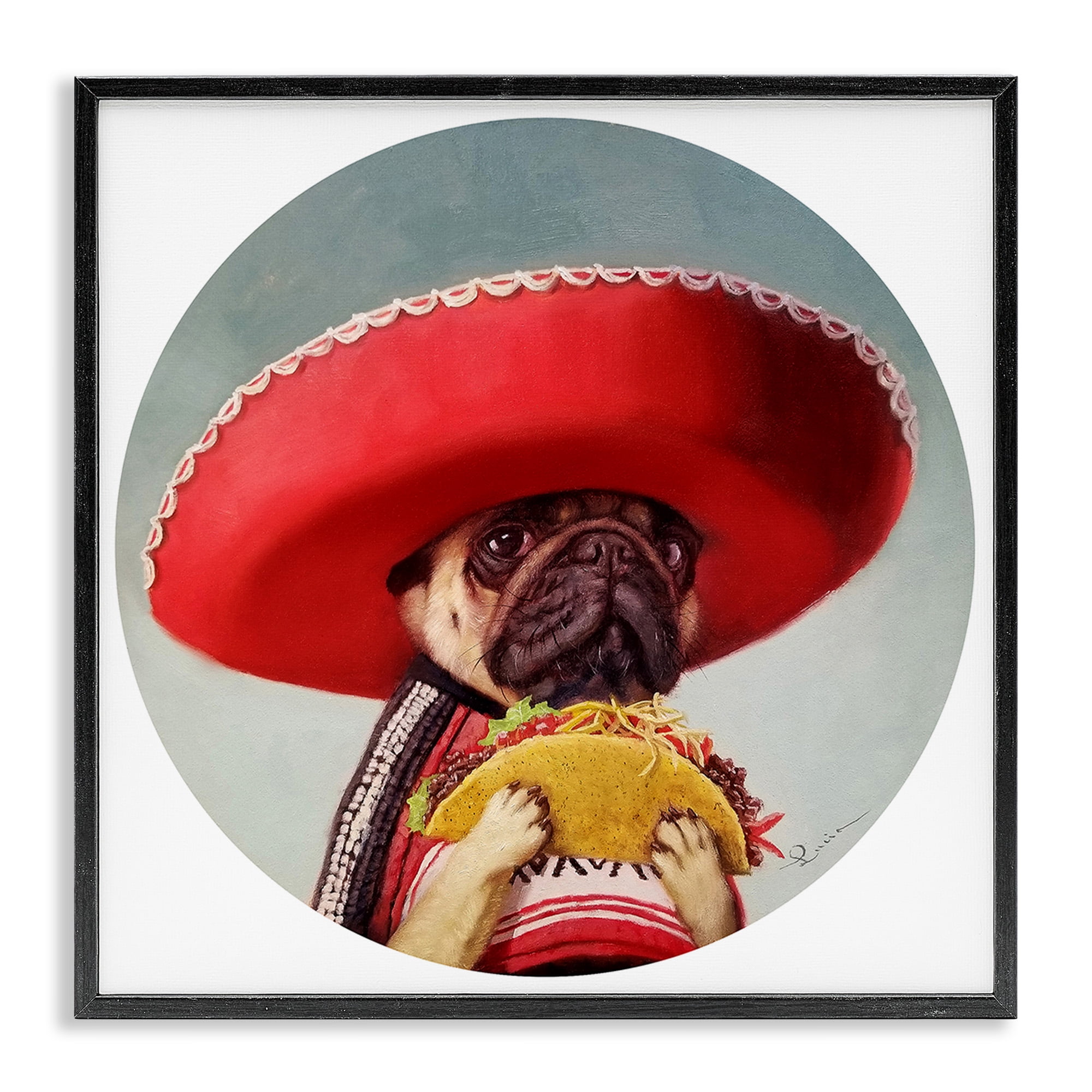 Stupell Industries Pug in Sombrero with Taco Animals & Insects Painting Black Framed Art Print Wall Art, 17 x 17
