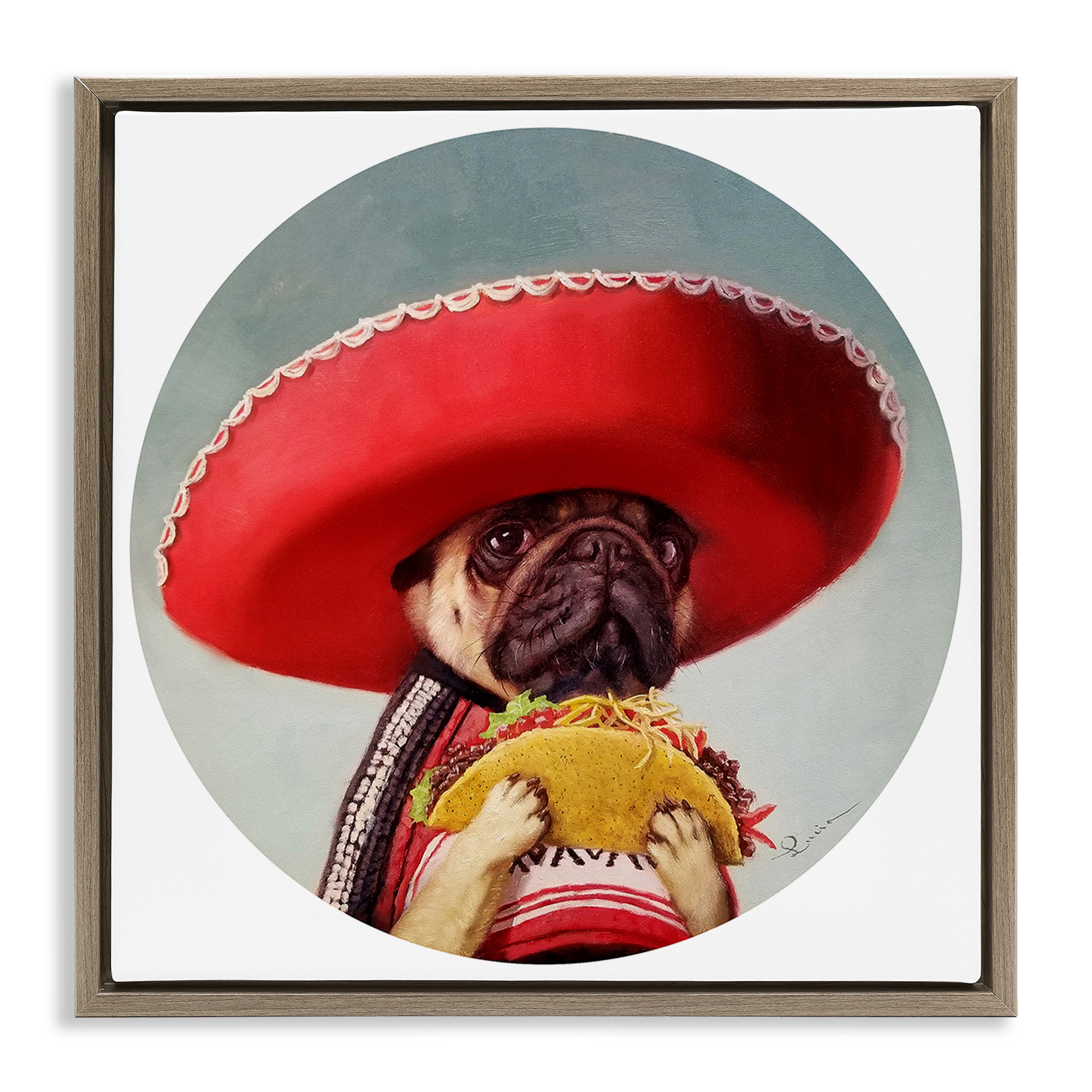 Stupell Industries Pug in Sombrero with Taco Animals & Insects Painting Brown Floater Framed Canvas Art Print Wall Art, 18 x 18