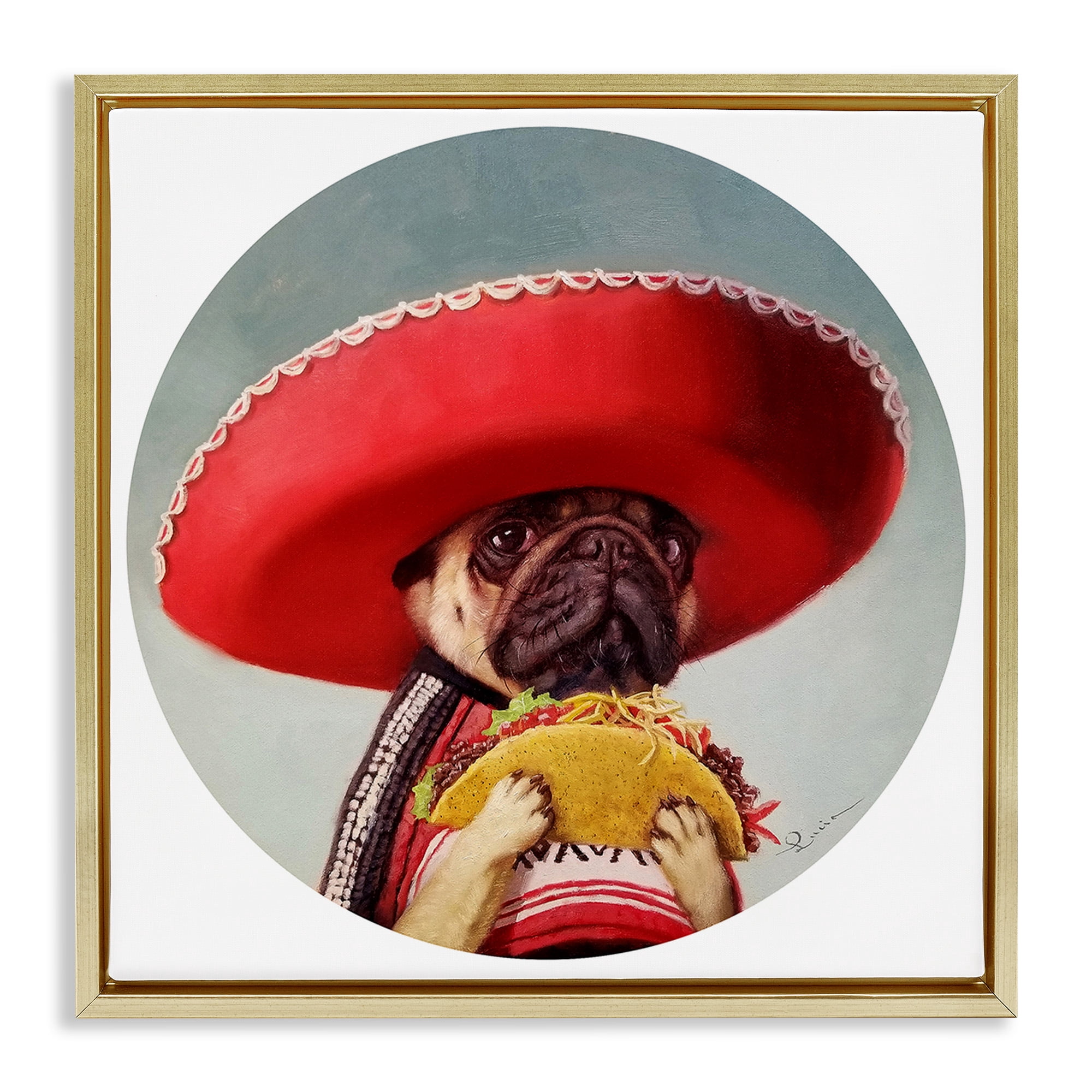 Stupell Industries Pug in Sombrero with Taco Animals & Insects Painting Gold Floater Framed Canvas Art Print Wall Art, 18 x 18