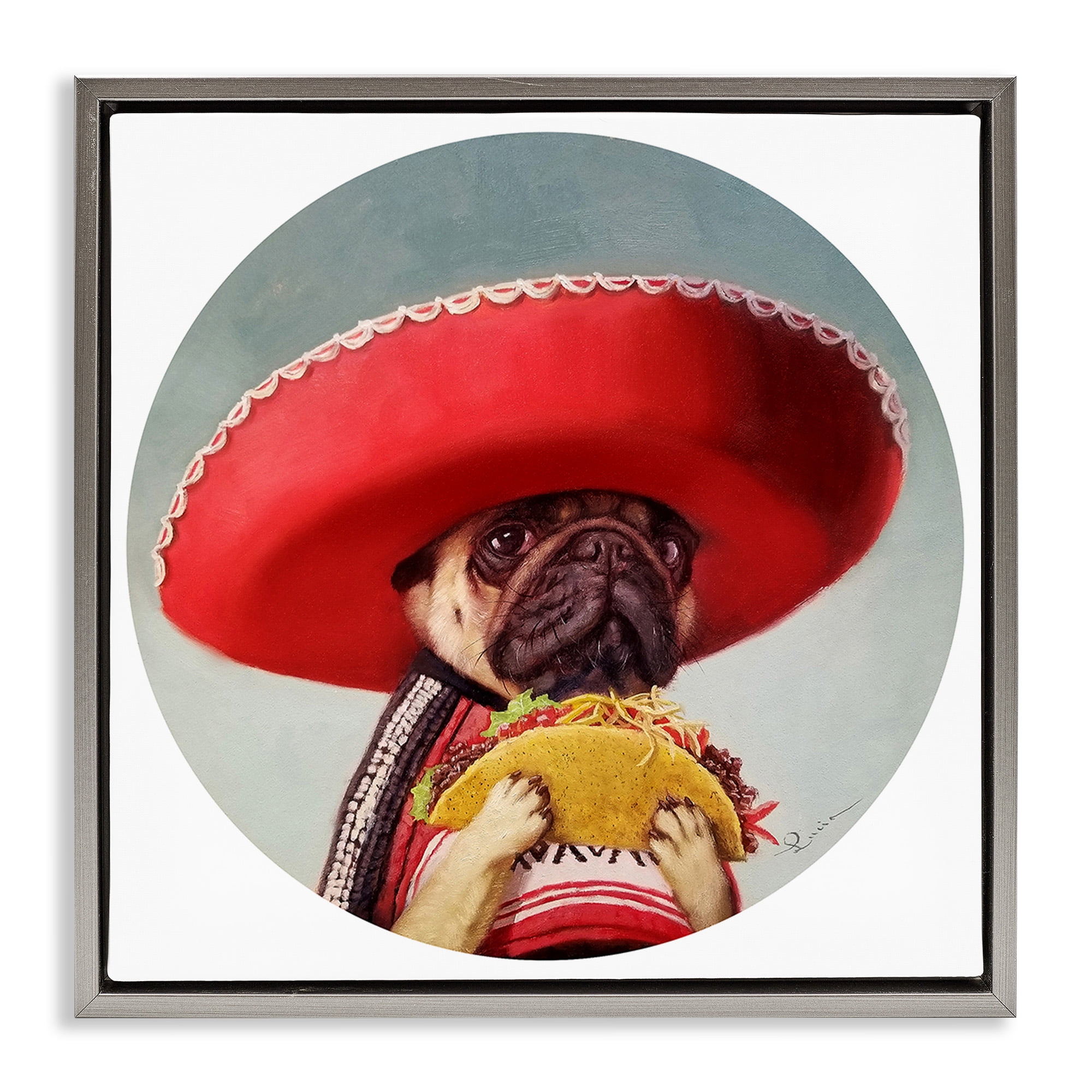 Stupell Industries Pug in Sombrero with Taco Animals & Insects Painting Gray Floater Framed Canvas Art Print Wall Art, 25 x 25