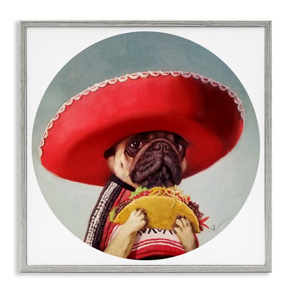 Stupell Industries Pug in Sombrero with Taco Animals & Insects Painting Gray Framed Art Print Wall Art, 12 x 12
