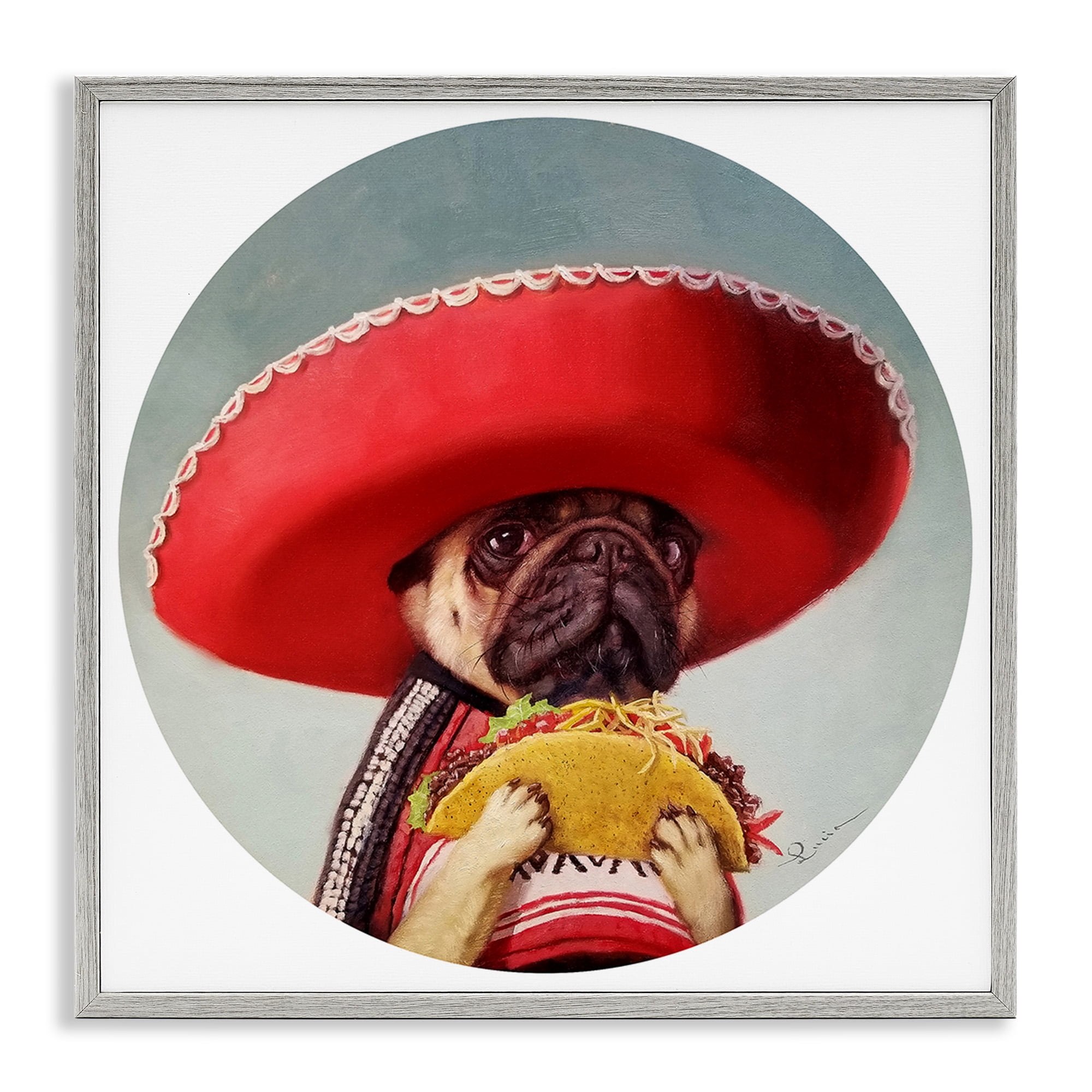 Stupell Industries Pug in Sombrero with Taco Animals & Insects Painting Gray Framed Art Print Wall Art, 24 x 24