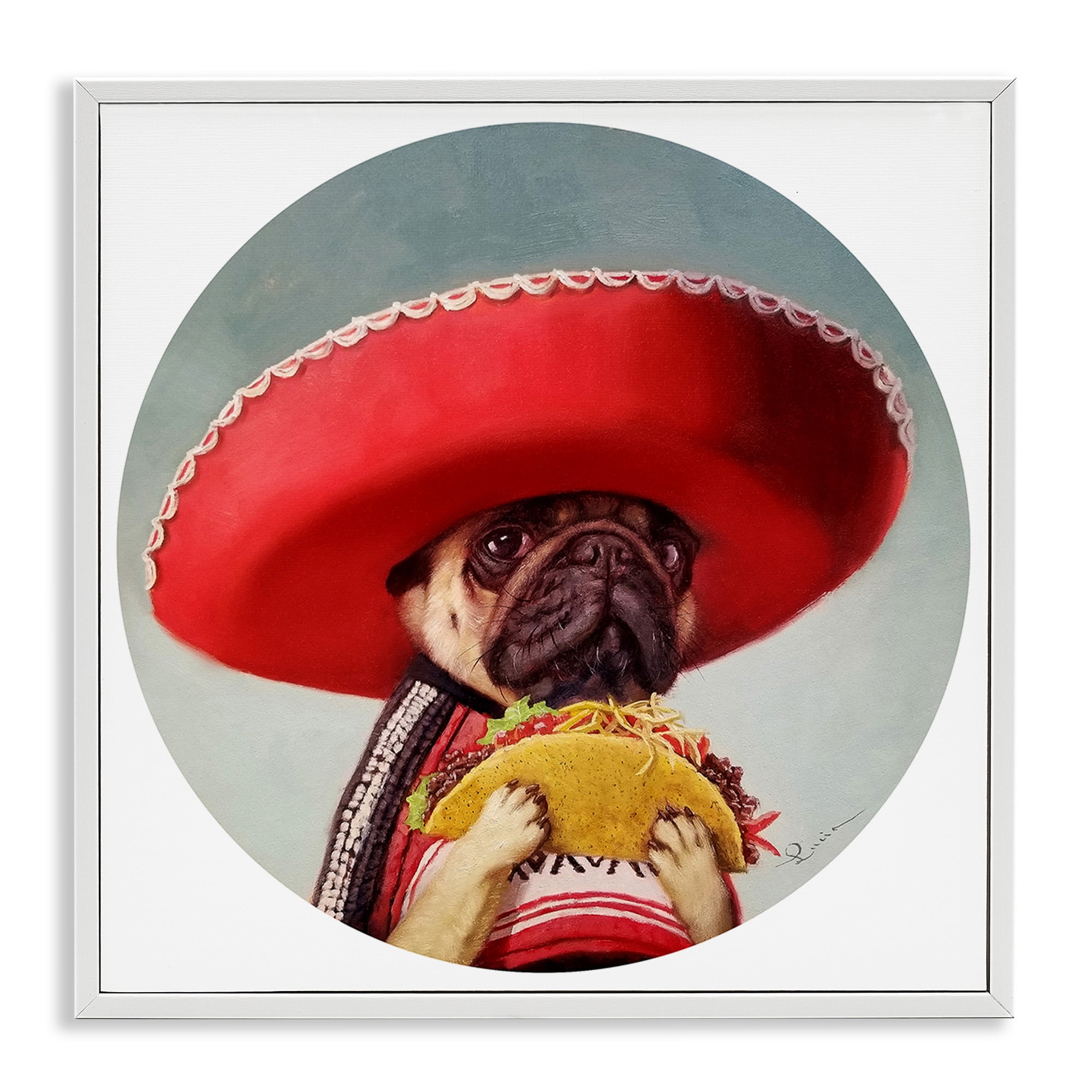 Stupell Industries Pug in Sombrero with Taco Animals & Insects Painting White Framed Art Print Wall Art, 17 x 17