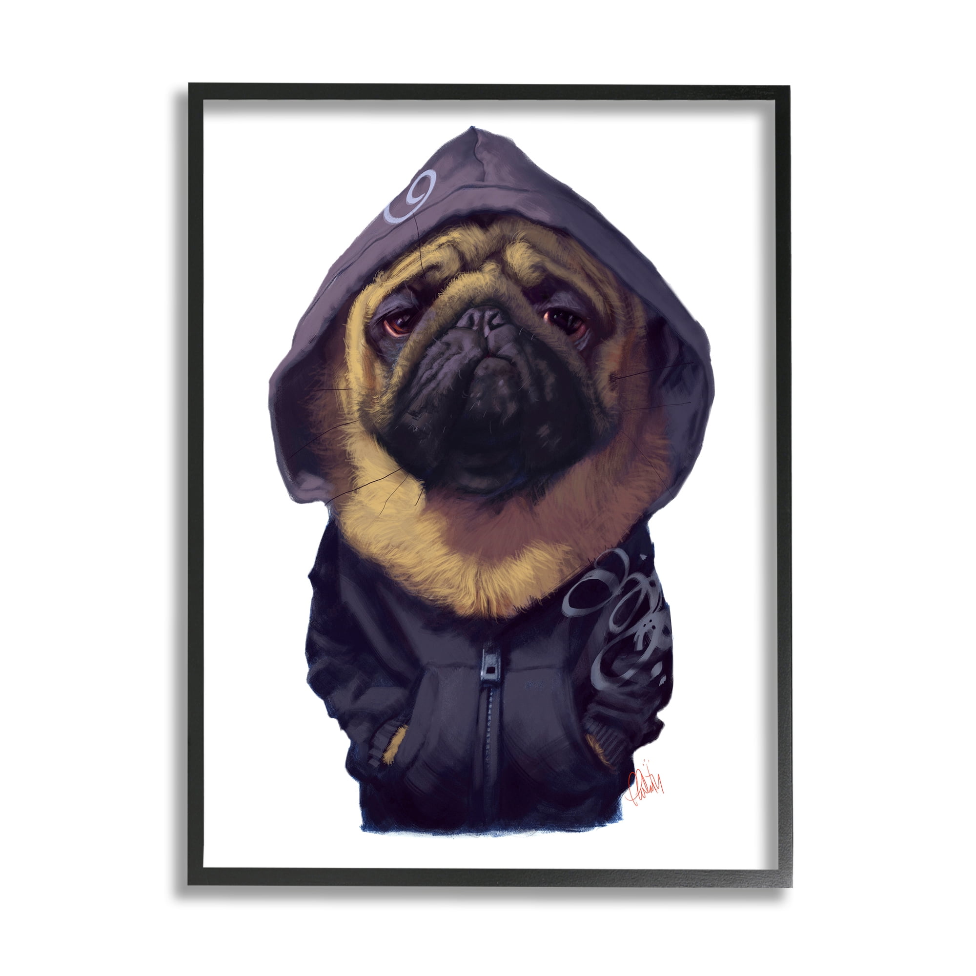 Stupell Industries Pug in Street Wear Urban Fashion Moody Dog Animals & Insects Painting Black Framed Art Print Wall Art, 24 x 30