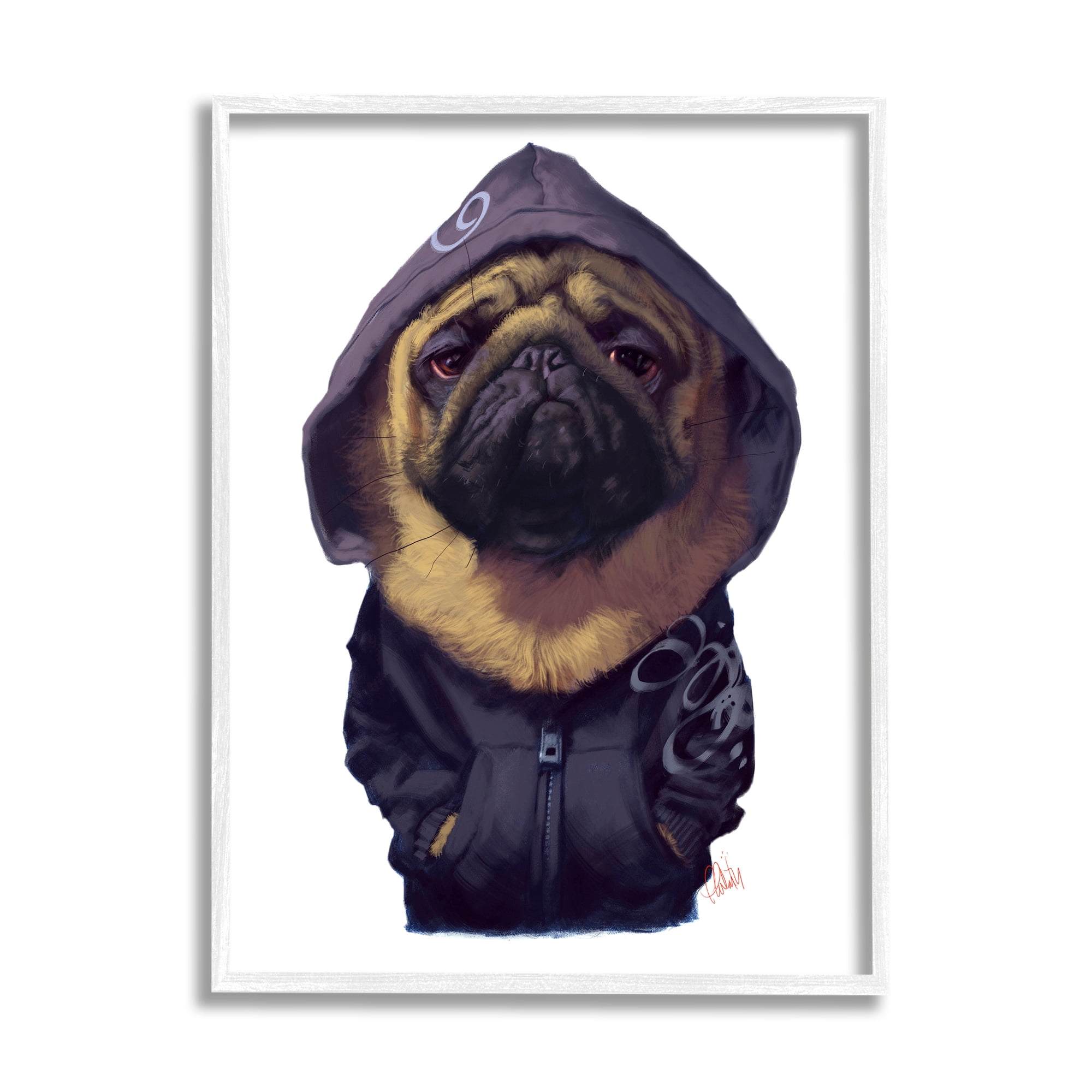 Stupell Industries Pug in Street Wear Urban Fashion Moody Dog Animals & Insects Painting White Framed Art Print Wall Art, 11 x 14