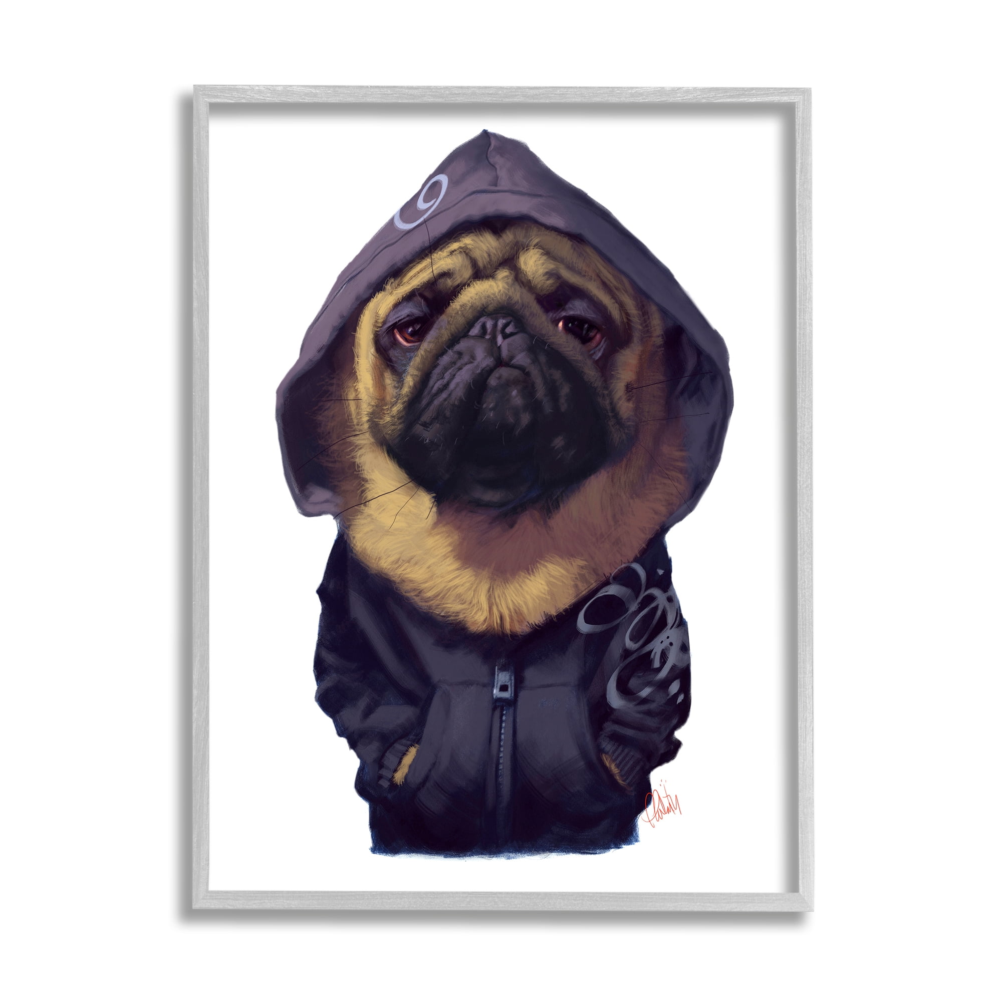 Stupell Industries Pug in Street Wear Urban Fashion Moody Dog Novelty Painting Gray Framed Art Print Wall Art, 24 x 30, Design by Thomas Fluharty