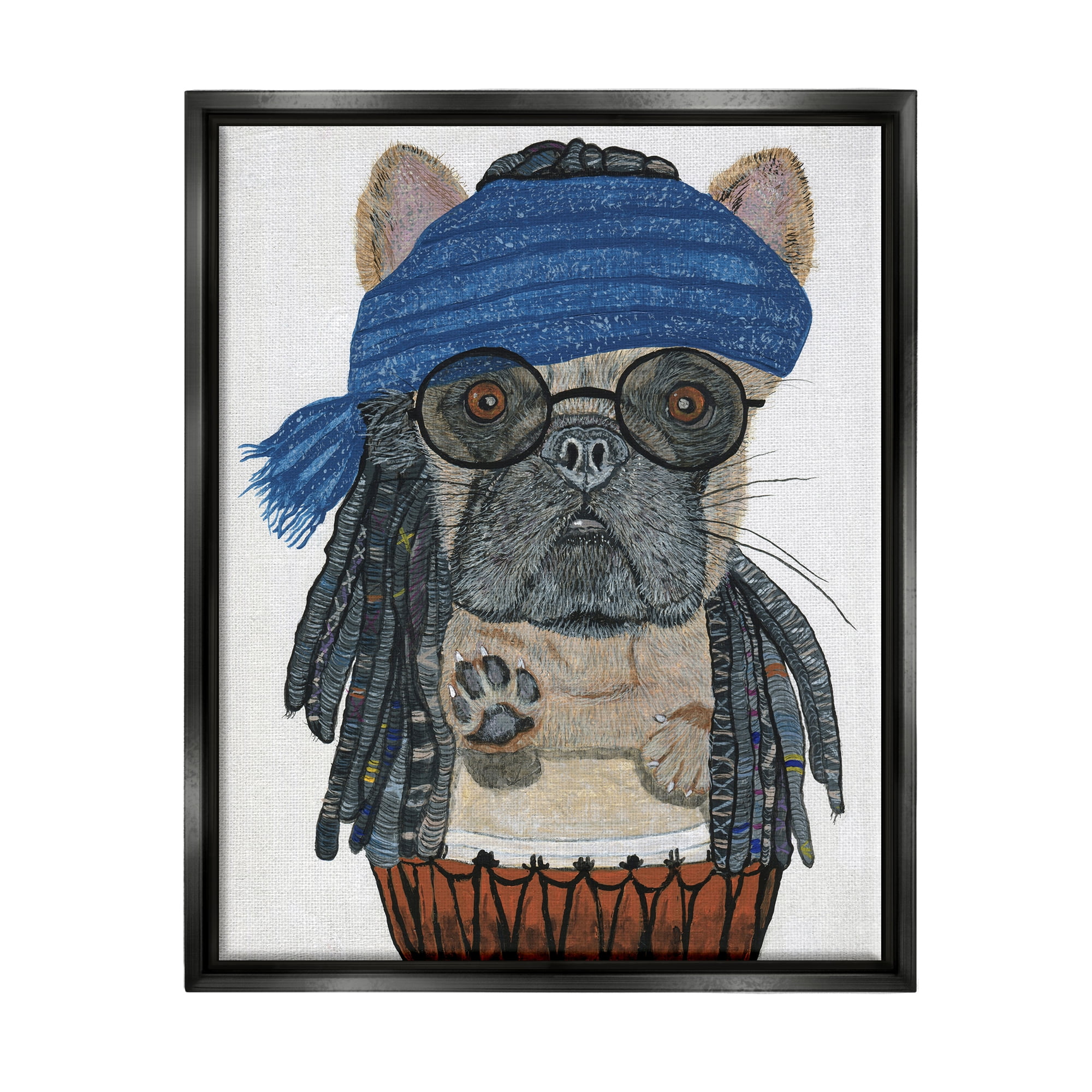 Stupell Industries Pug with Dreads Animals & Insects Painting Black Floater Framed Canvas Art Print Wall Art, 17 x 21