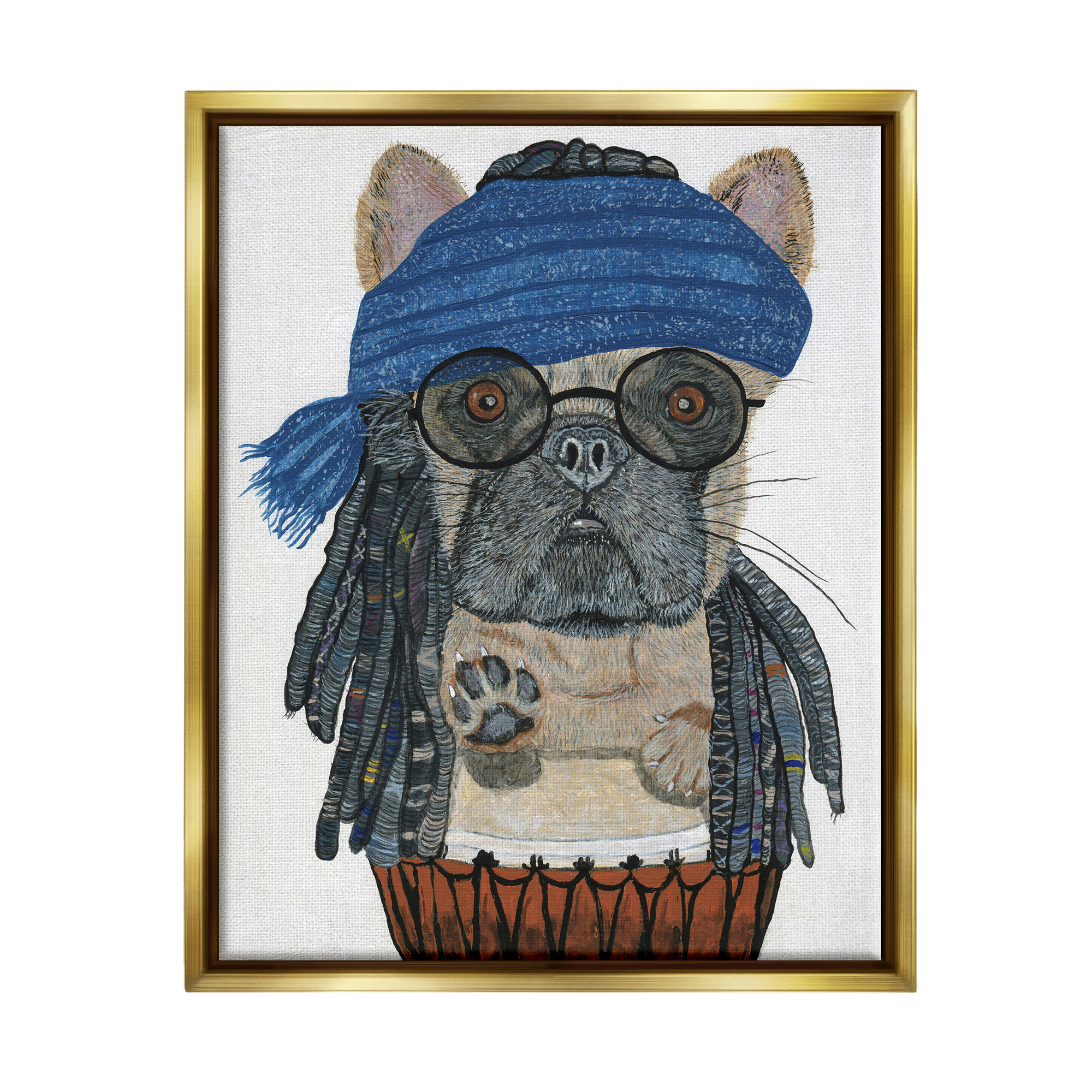 Stupell Industries Pug with Dreads Animals & Insects Painting Gold Floater Framed Canvas Art Print Wall Art, 25 x 31