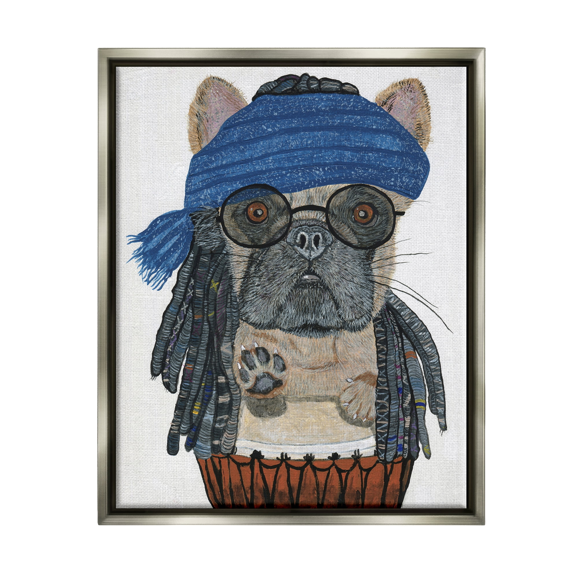 Stupell Industries Pug with Dreads Animals & Insects Painting Gray Floater Framed Canvas Art Print Wall Art, 25 x 31