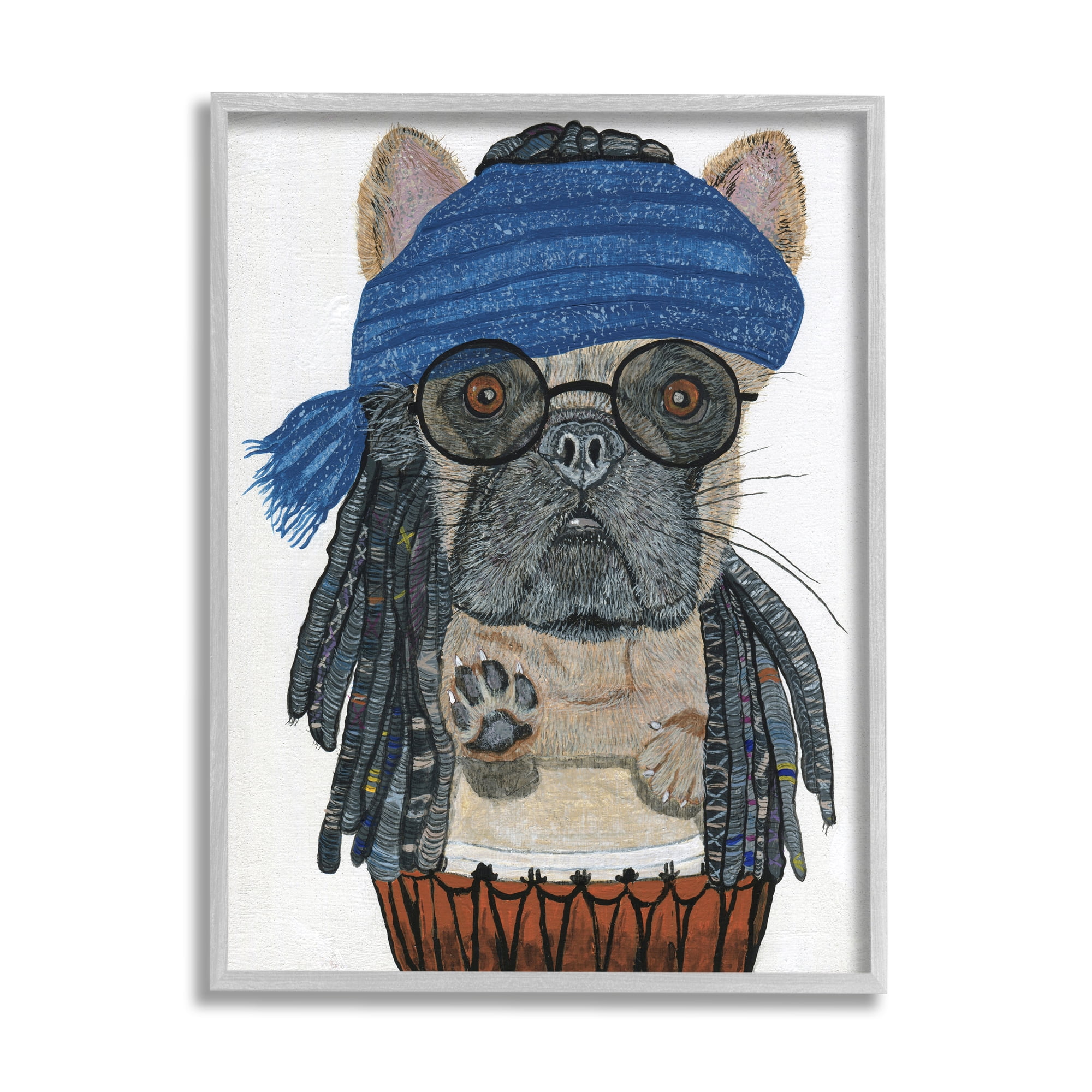 Stupell Industries Pug with Dreads Animals & Insects Painting Gray Framed Art Print Wall Art, 16 x 20
