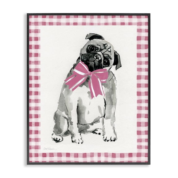 Stupell Industries Pug with Plaid Border Animals Painting Black Framed Art Print Wall Art, 24 x 30