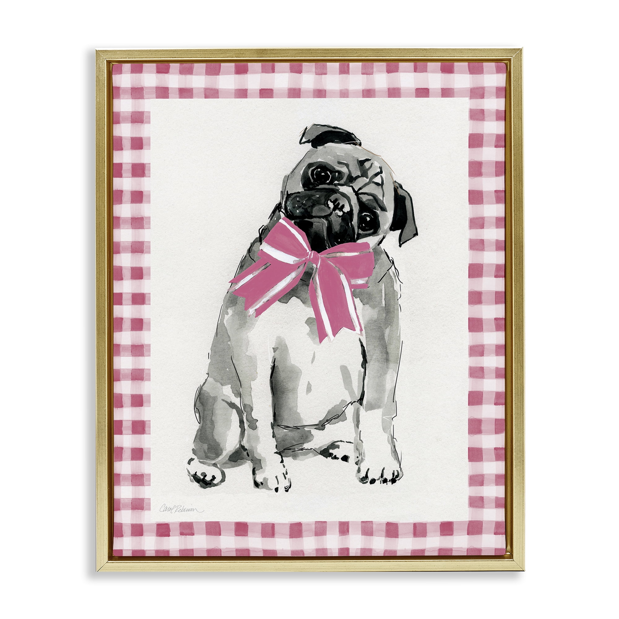 Stupell Industries Pug with Plaid Border Animals Painting Gold Floater Framed Canvas Art Print Wall Art, 17 x 21