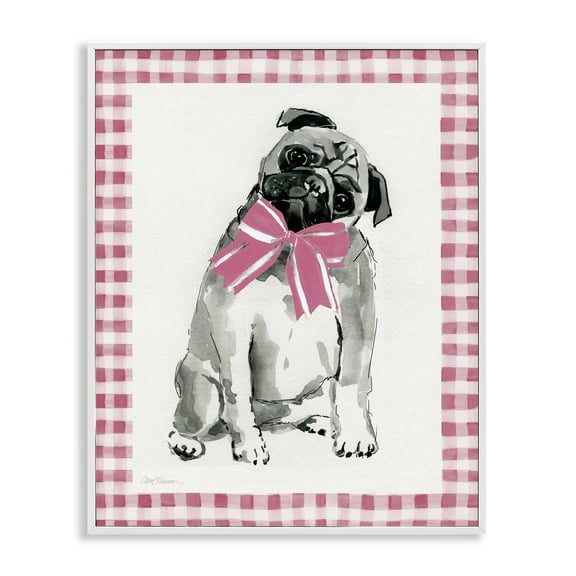 Stupell Industries Pug with Plaid Border Animals Painting White Framed Art Print Wall Art, 11 x 14