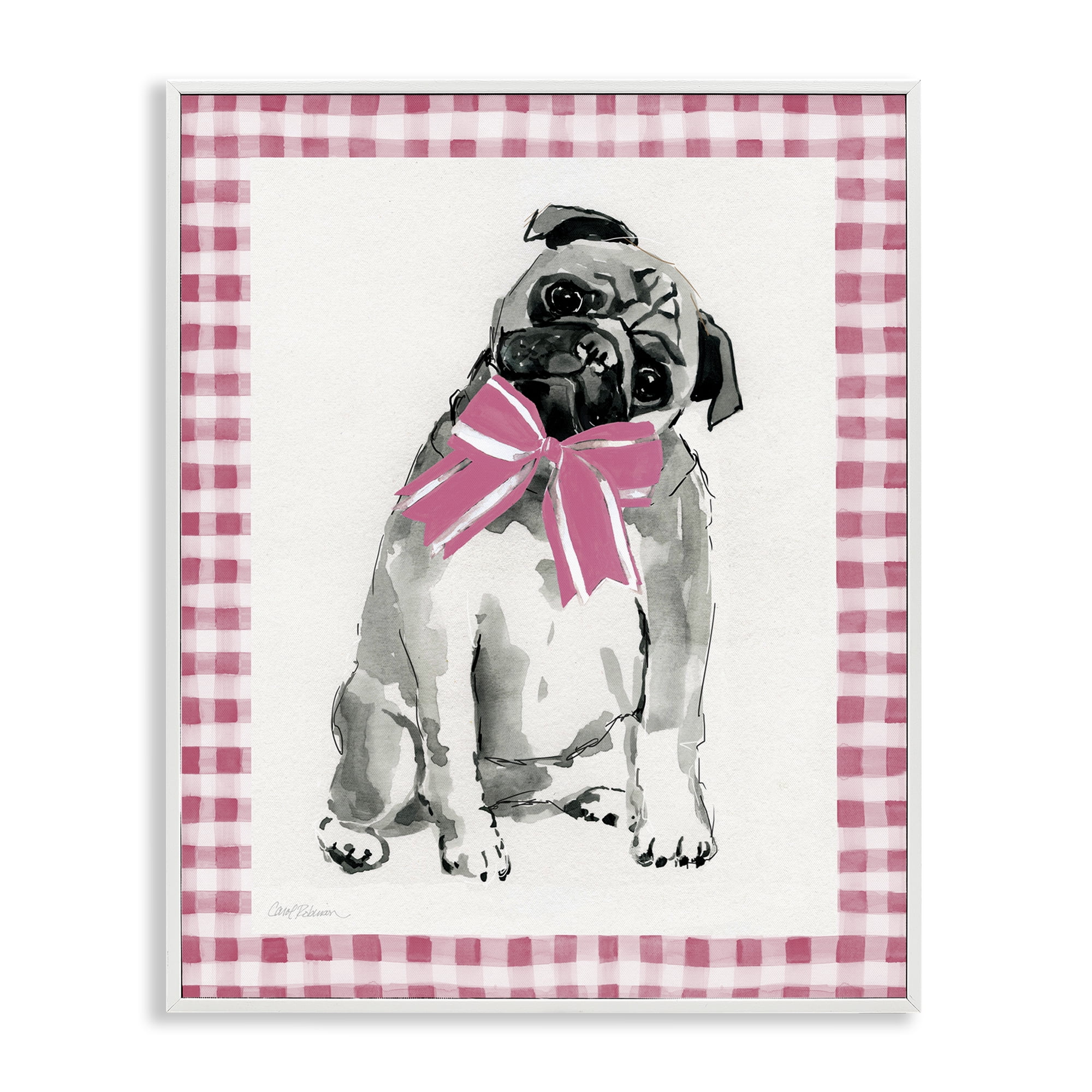 Stupell Industries Pug with Plaid Border Animals Painting White Framed Art Print Wall Art, 16 x 20