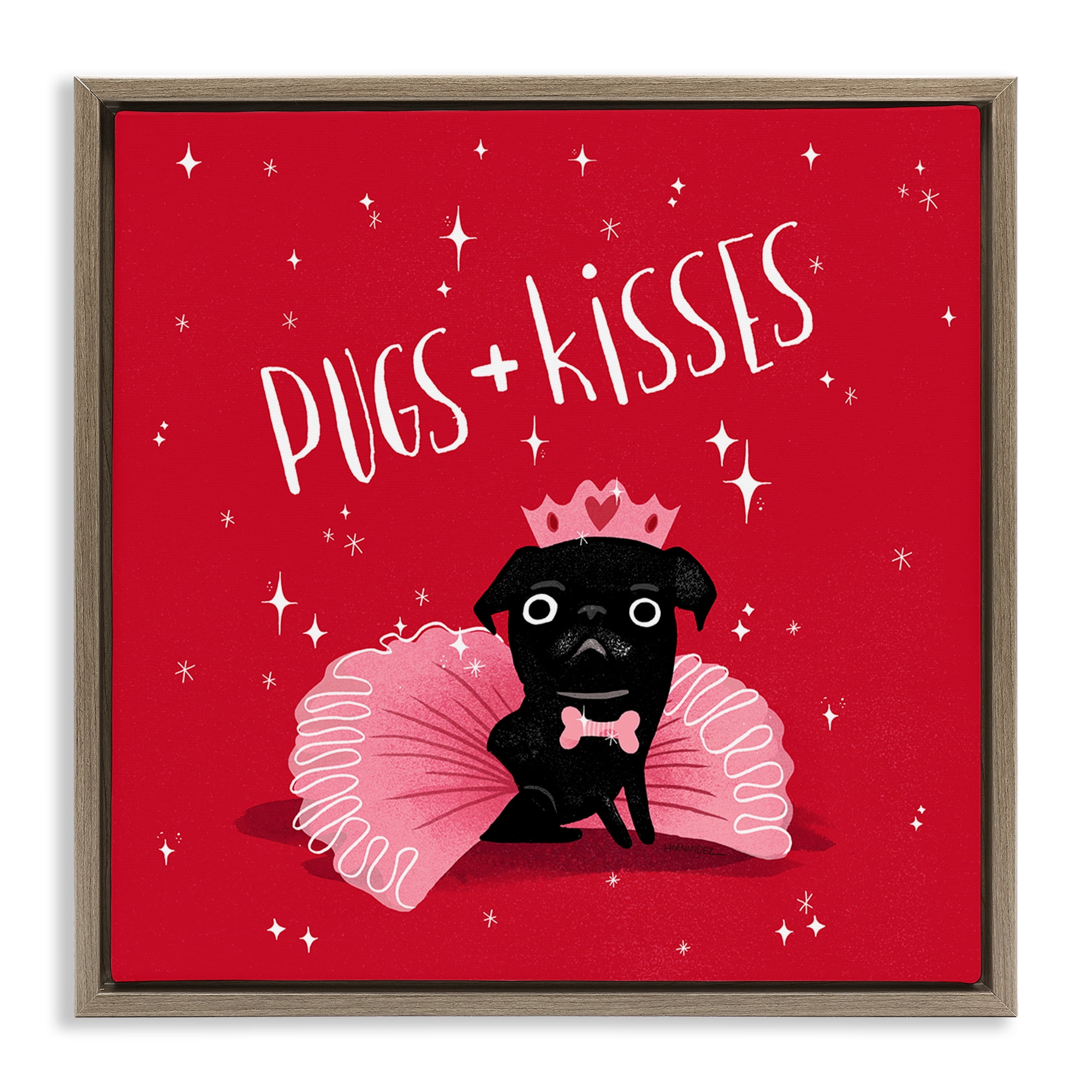 Stupell Industries Pugs & Kisses on Red Animals Painting Brown Floater Framed Canvas Art Print Wall Art, 25 x 25