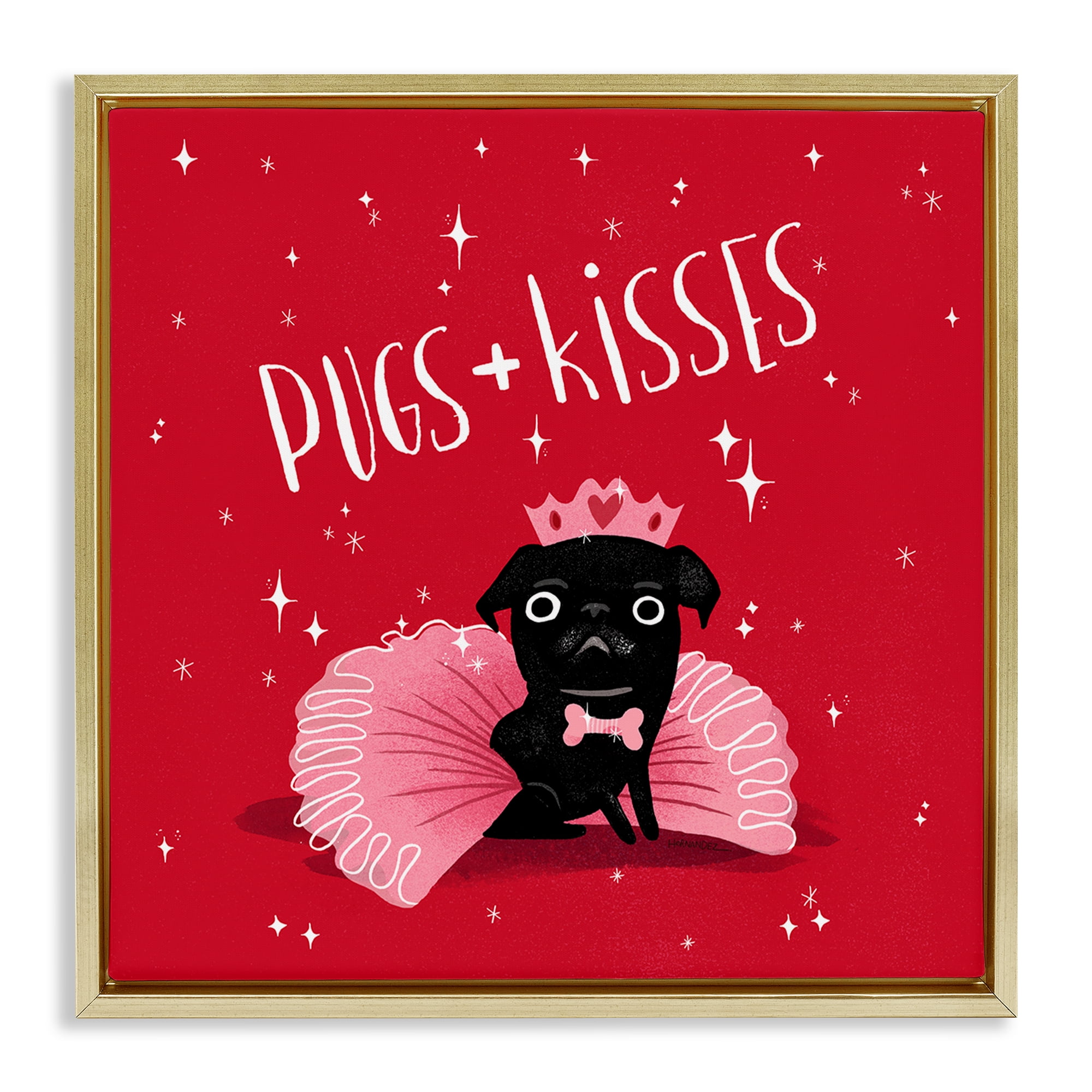 Stupell Industries Pugs & Kisses on Red Animals Painting Gold Floater Framed Canvas Art Print Wall Art, 25 x 25
