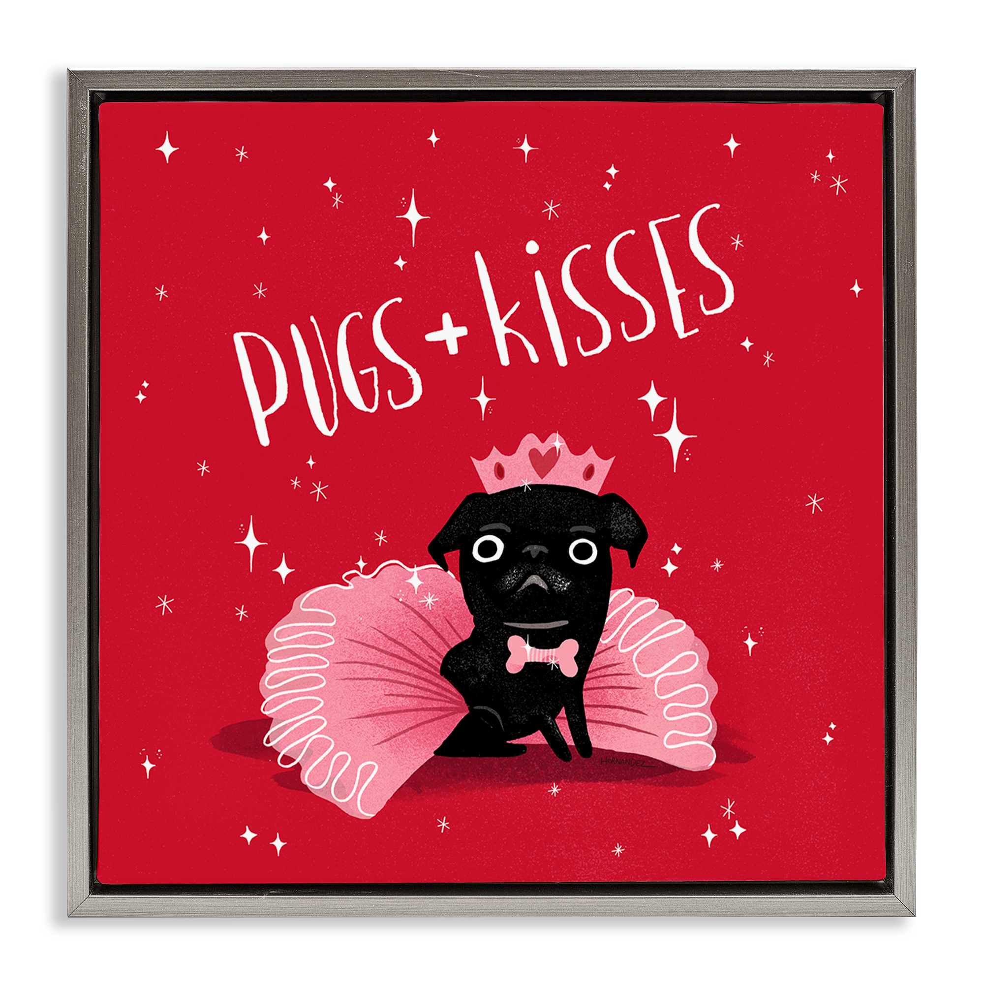 Stupell Industries Pugs & Kisses on Red Animals Painting Gray Floater Framed Canvas Art Print Wall Art, 18 x 18