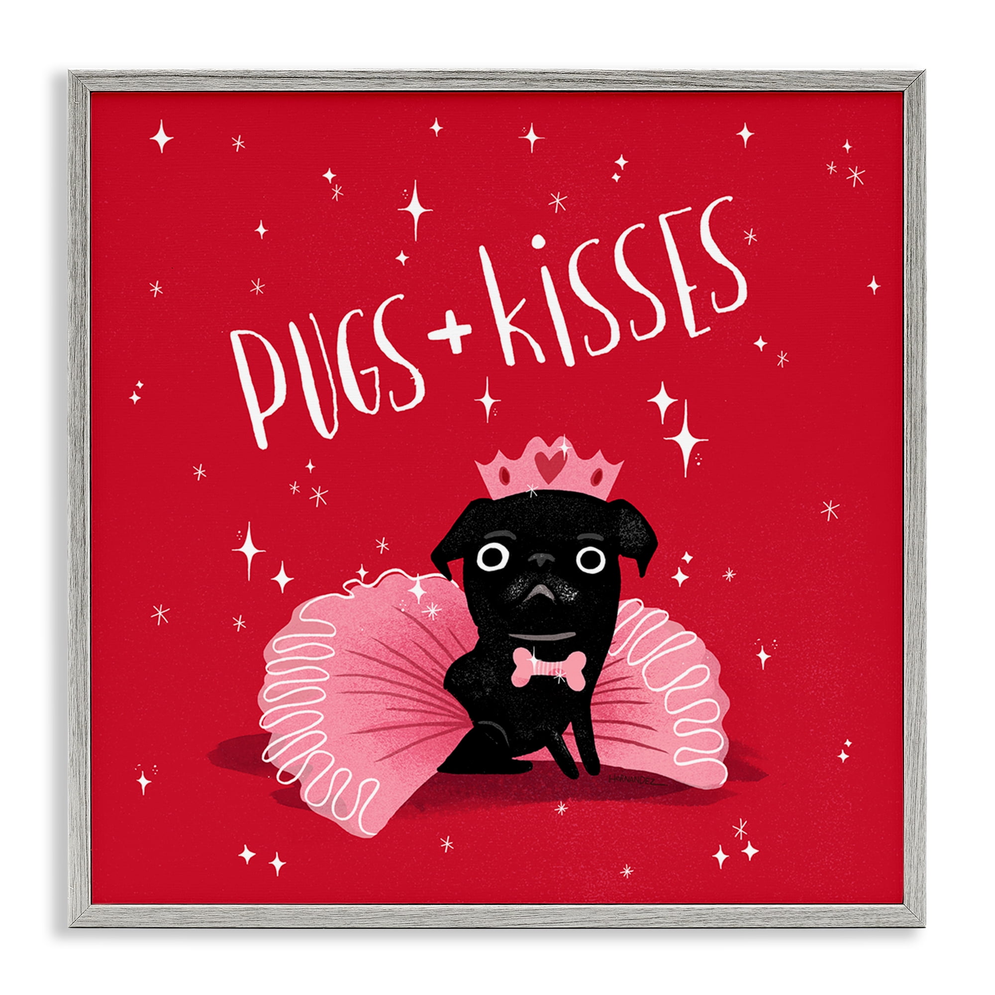 Stupell Industries Pugs & Kisses on Red Animals Painting Gray Framed Art Print Wall Art, 24 x 24