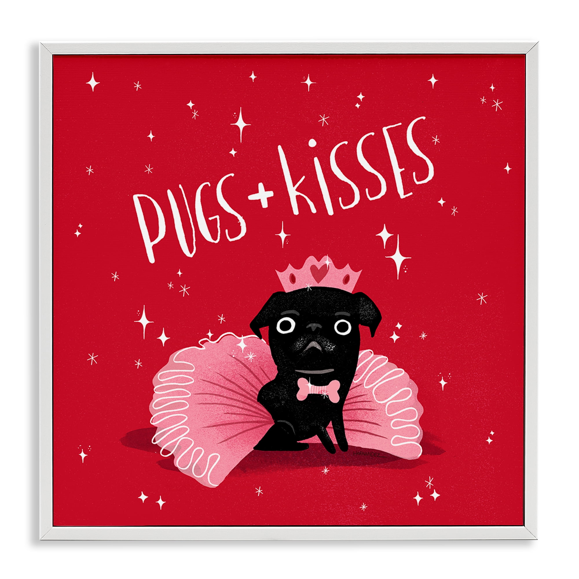 Stupell Industries Pugs & Kisses on Red Animals Painting White Framed Art Print Wall Art, 24 x 24