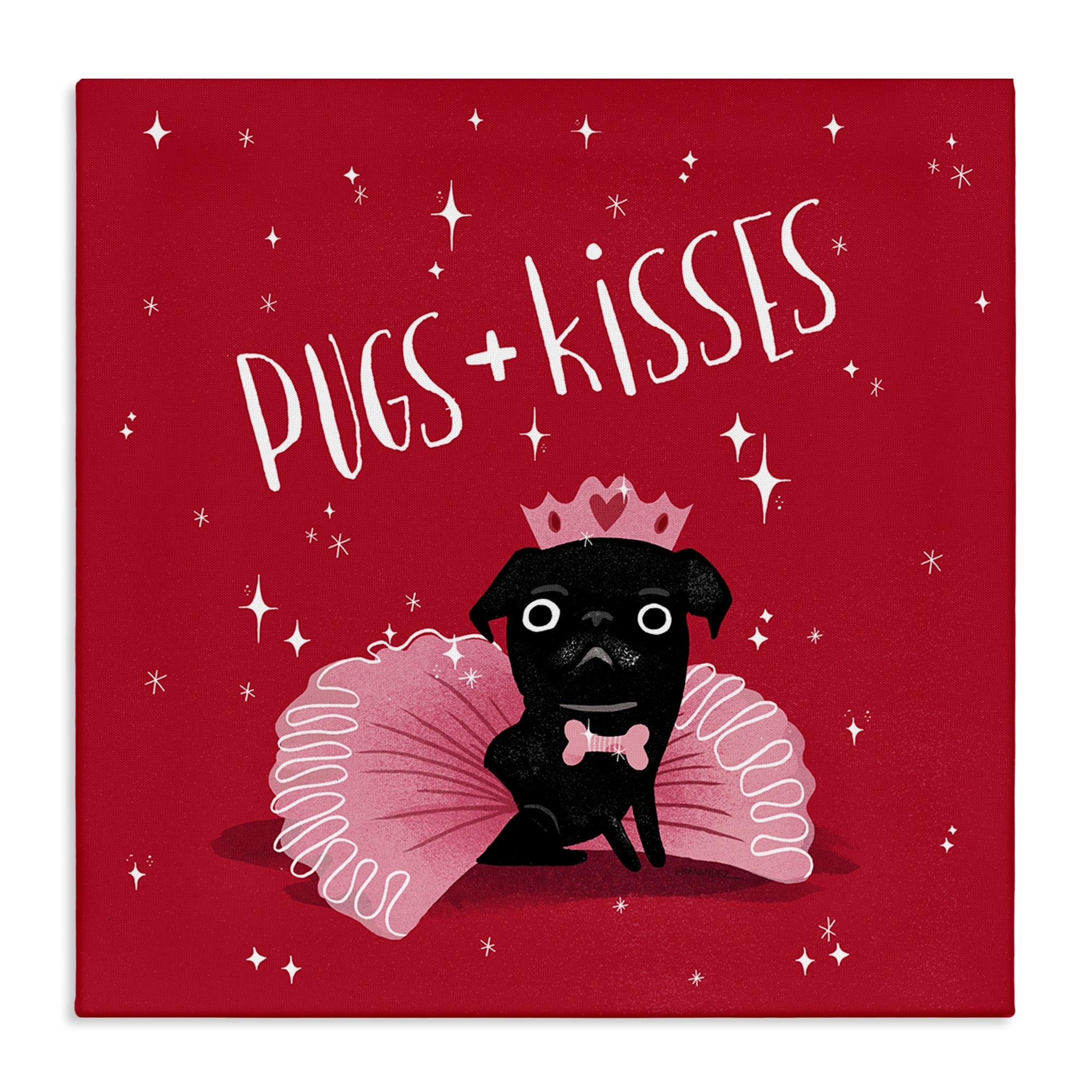 Stupell Industries Pugs & Kisses on Red Animals Painting Wrapped Canvas Art Print Wall Art, 17 x 17