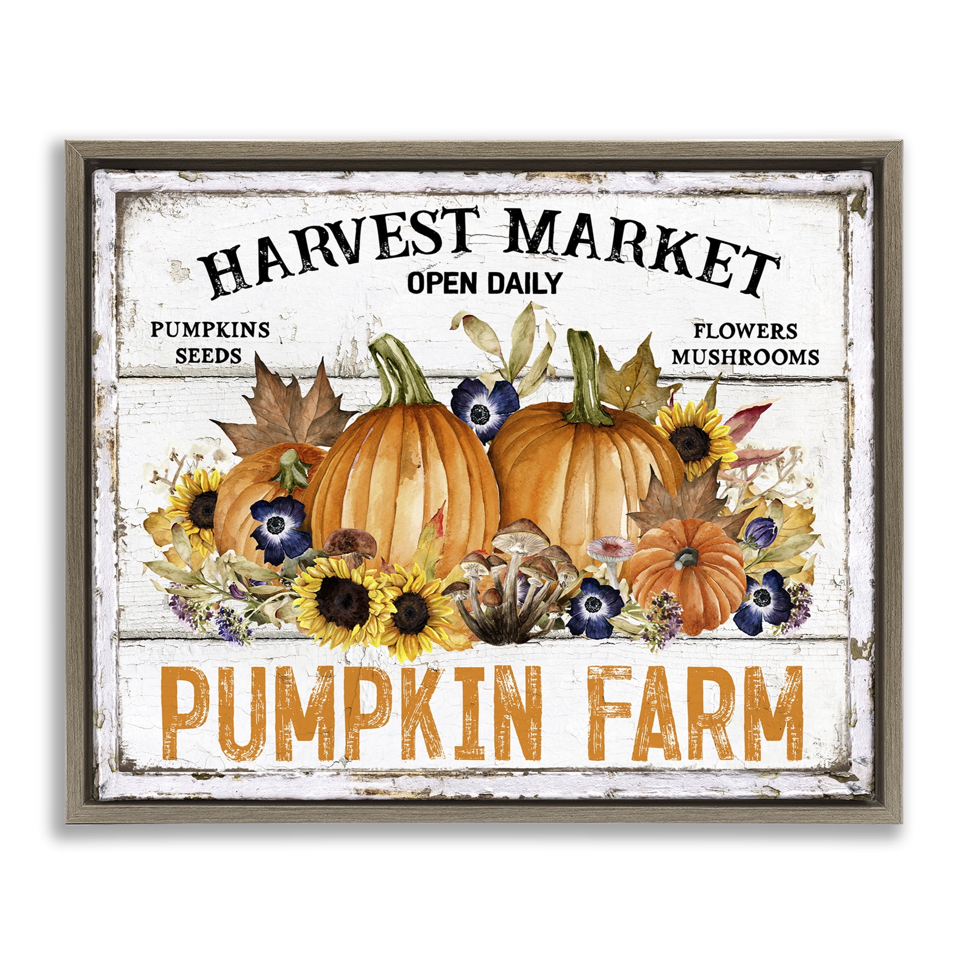 Stupell Industries Pumpkin Farm with Sunflowers Holiday Painting Brown Floater Framed Canvas Art Prints Wall Art, 31 x 25