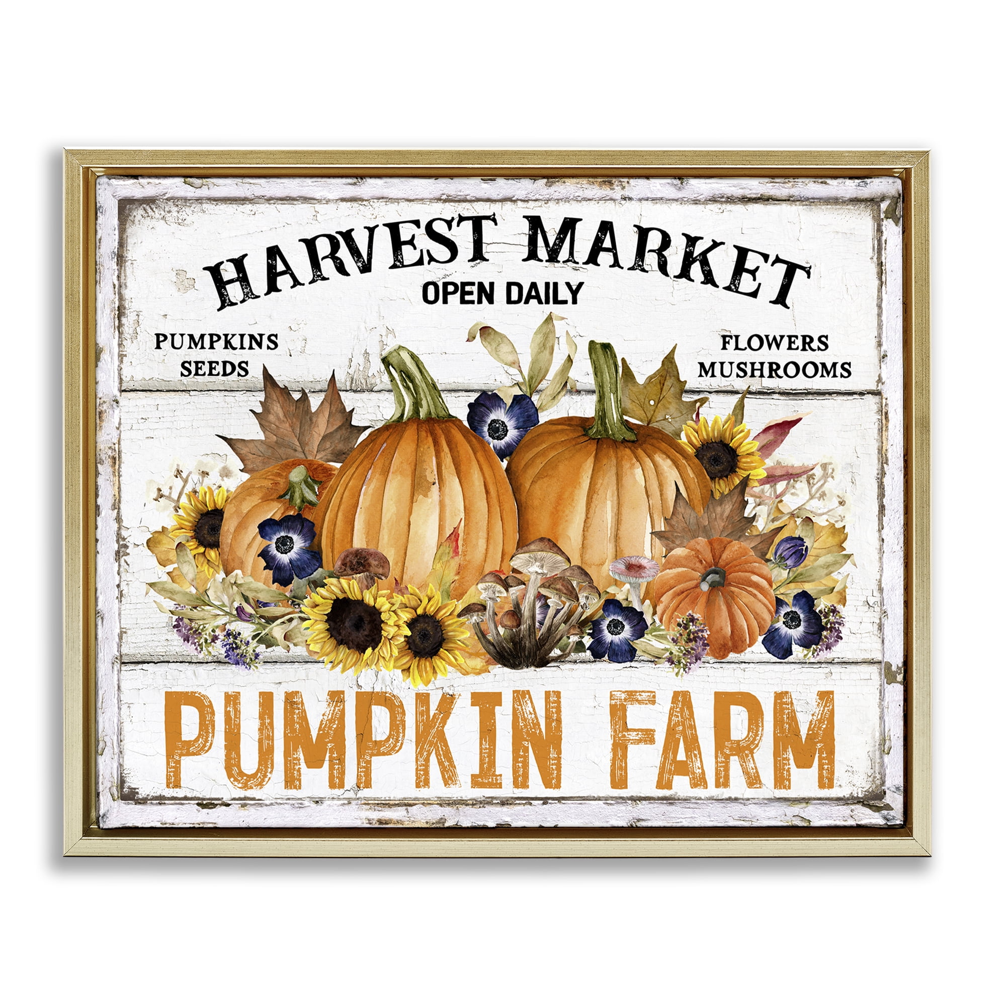 Stupell Industries Pumpkin Farm with Sunflowers Holiday Painting Gold Floater Framed Canvas Art Prints Wall Art, 21 x 17