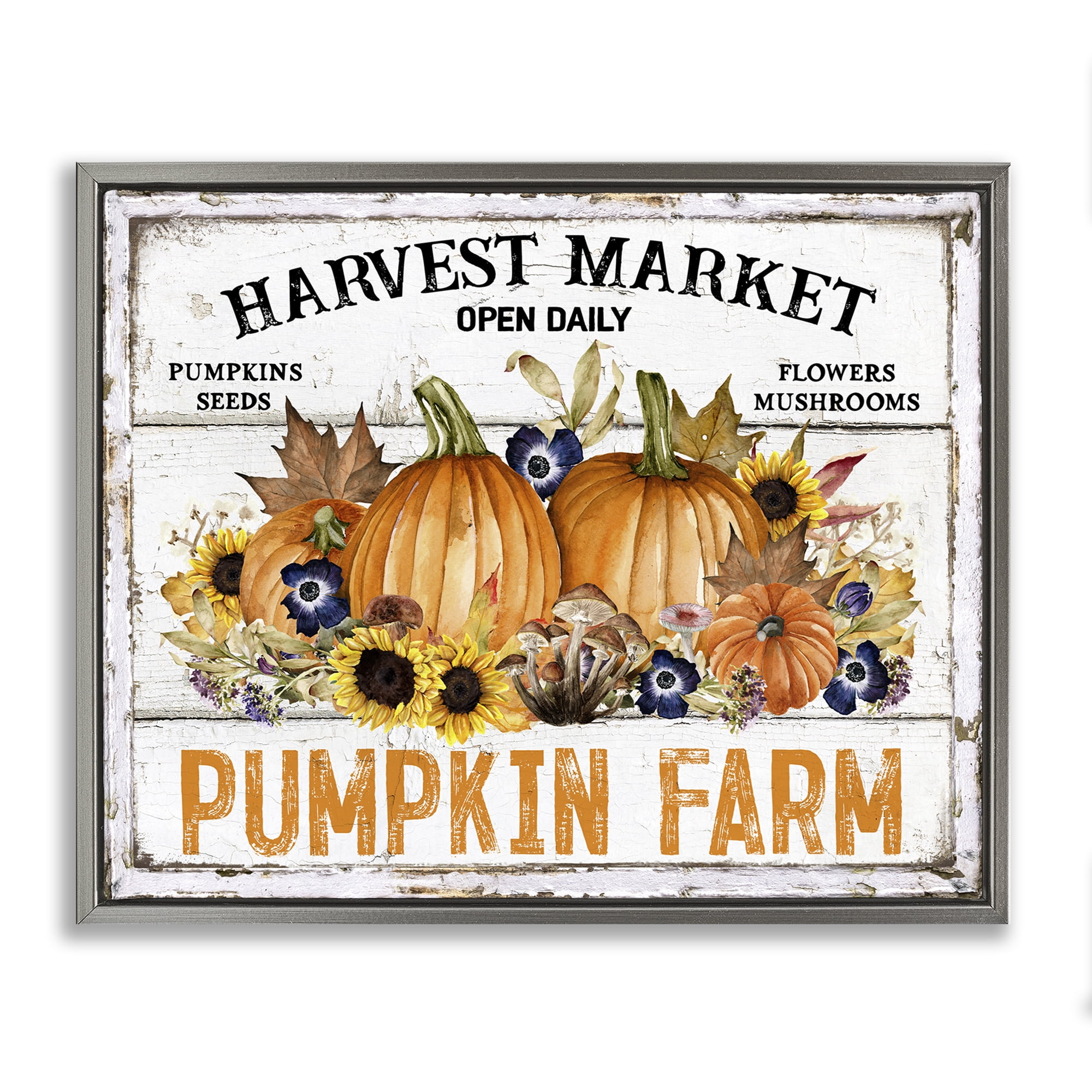 Stupell Industries Pumpkin Farm with Sunflowers Holiday Painting Gray Floater Framed Canvas Art Prints Wall Art, 31 x 25