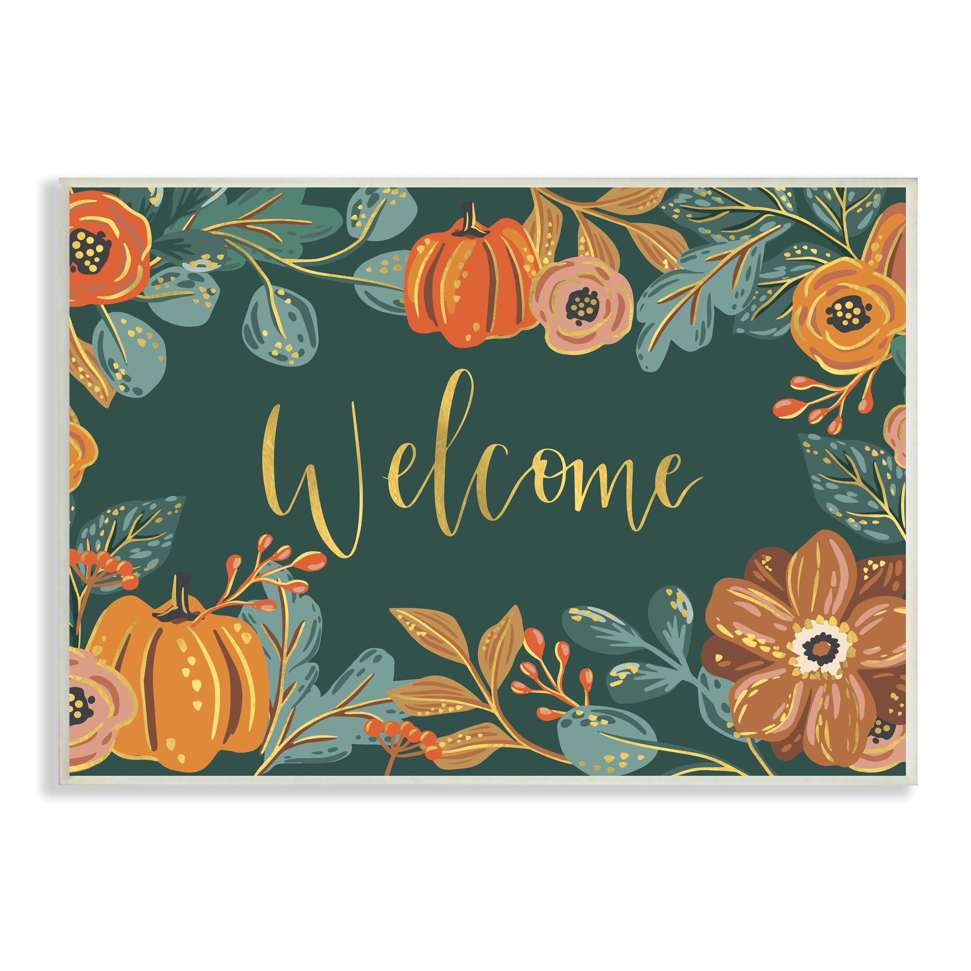 Stupell Industries Pumpkin Floral Harvest Welcome Sign Green Orange, 13 x 19, Designed by Caroline Alfreds