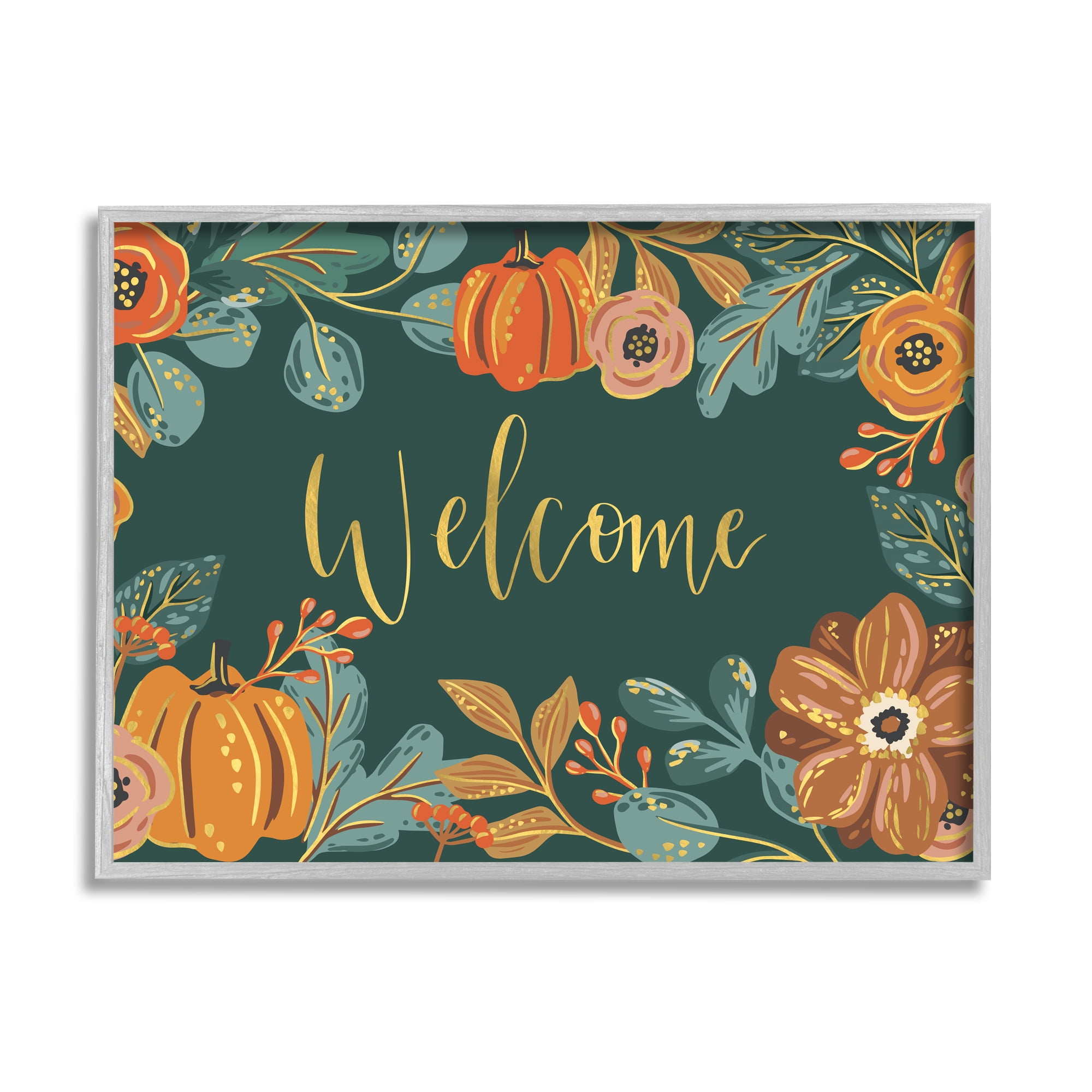 Stupell Industries Pumpkin Floral Harvest Welcome Sign Green Orange, 16 x 20, Designed by Caroline Alfreds