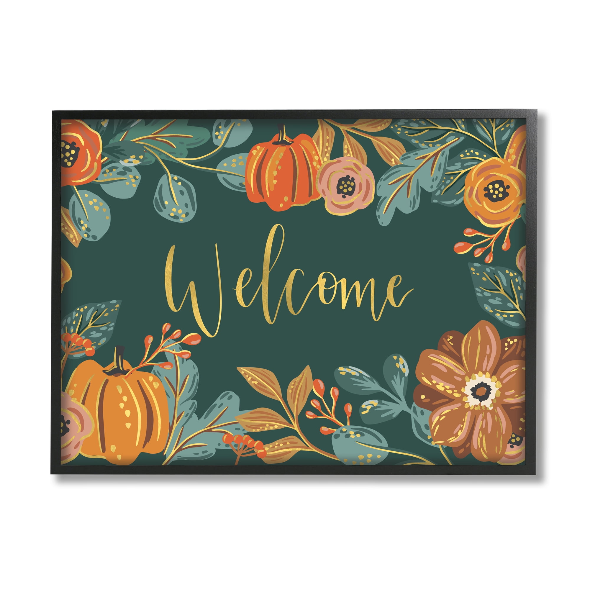 Stupell Industries Pumpkin Floral Harvest Welcome Sign Green Orange, 24 x 30, Designed by Caroline Alfreds