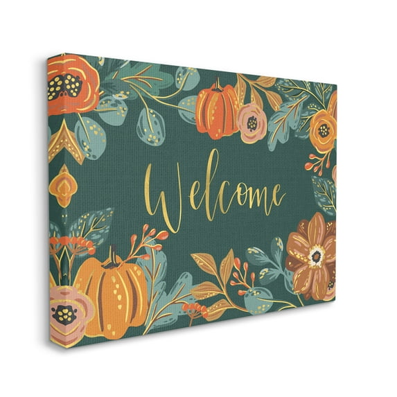 Stupell Industries Pumpkin Floral Harvest Welcome Sign Green Orange, 30 x 40, Designed by Caroline Alfreds