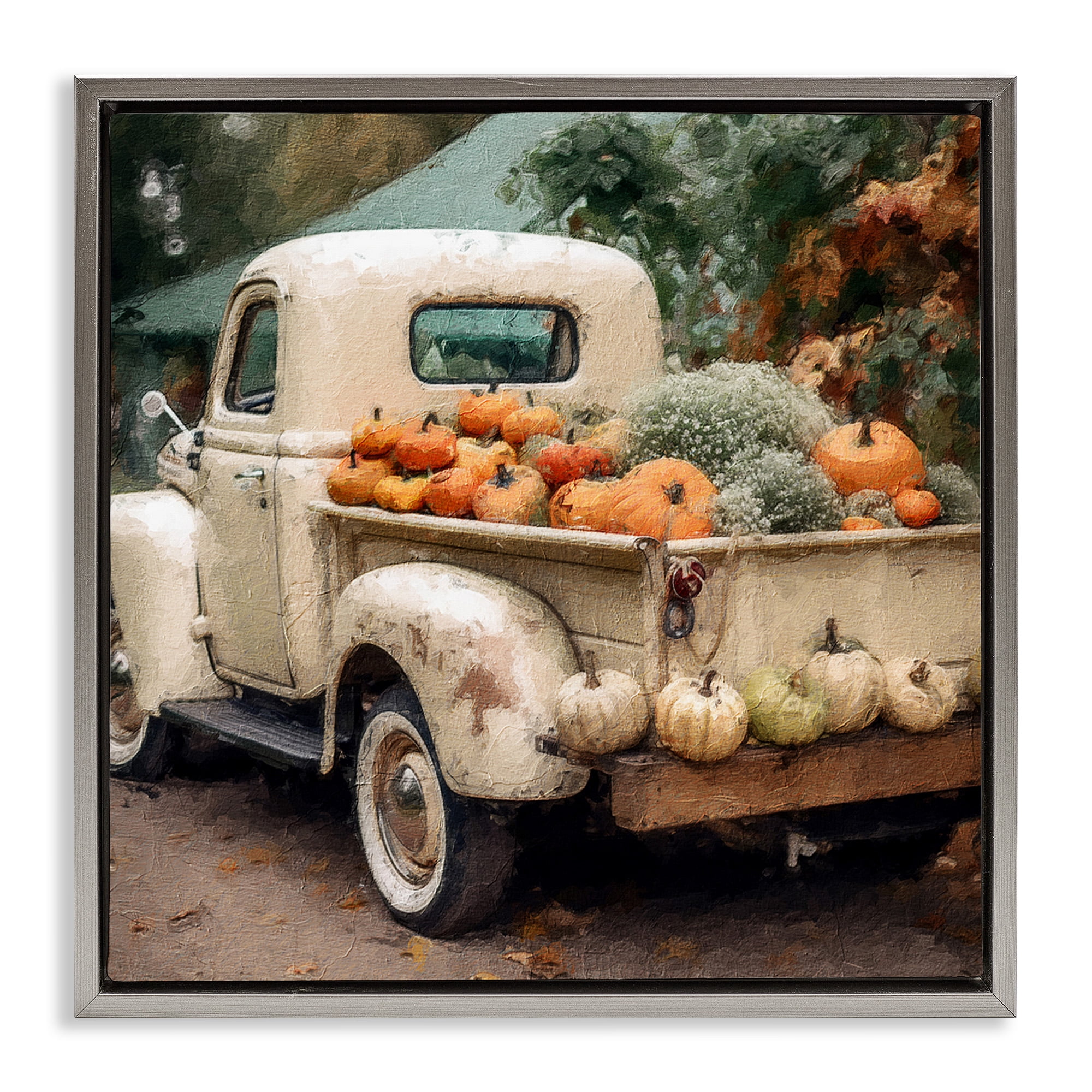 Stupell Industries Pumpkin & Gourd Truck Holiday Painting Gray Floater Framed Canvas Art Print Wall Art, 25 x 25