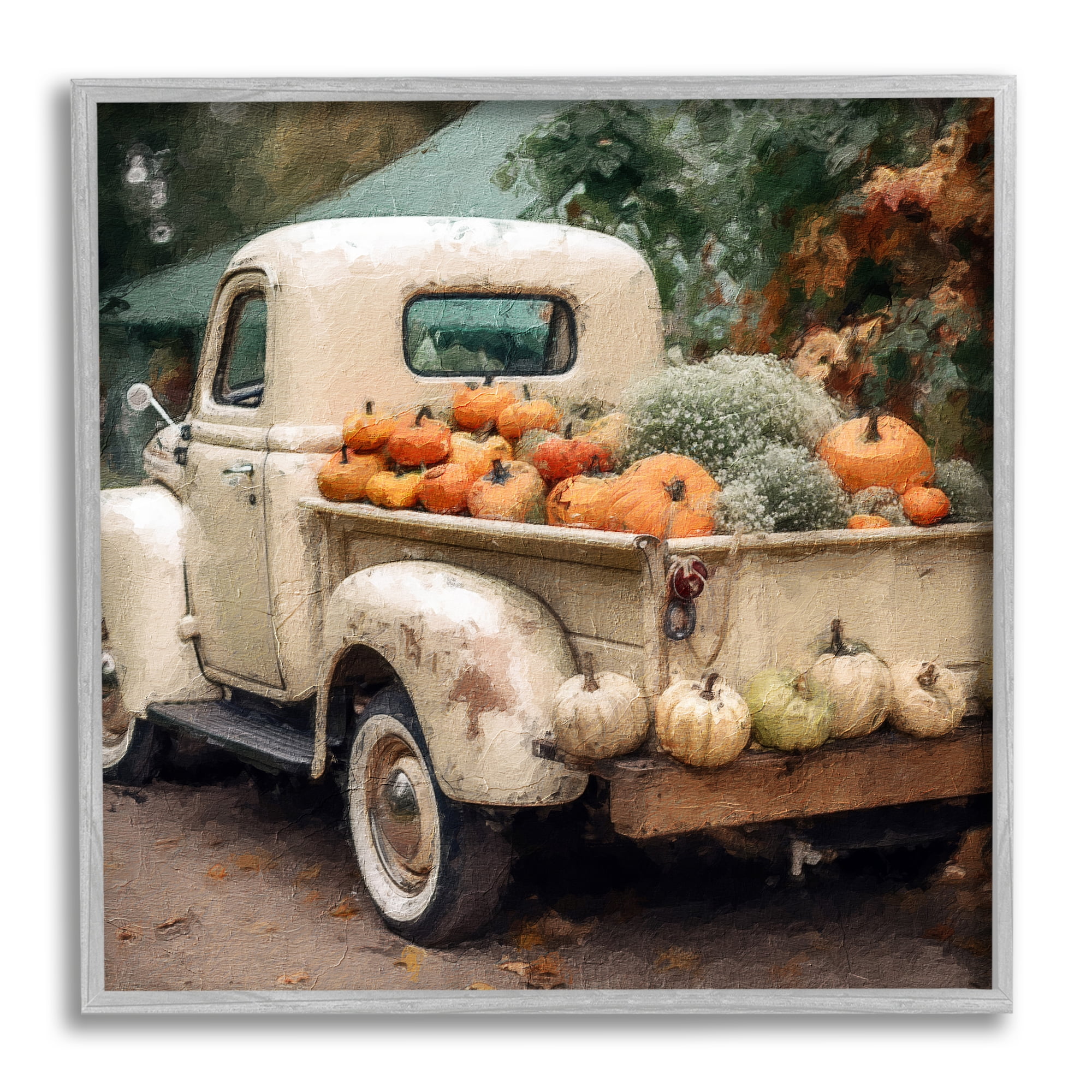 Stupell Industries Pumpkin & Gourd Truck Holiday Painting Gray Framed Art Print Wall Art, 12 x 12
