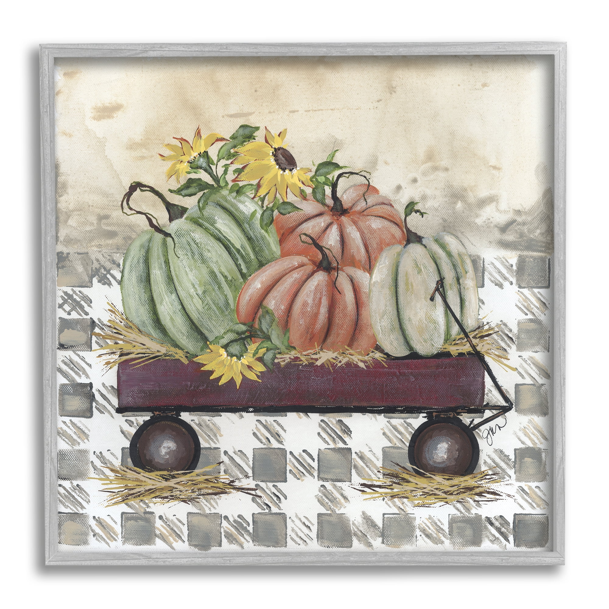 Stupell Industries Pumpkin Harvest Wagon Botanical & Floral Painting Gray Framed Art Print Wall Art, 24 x 24