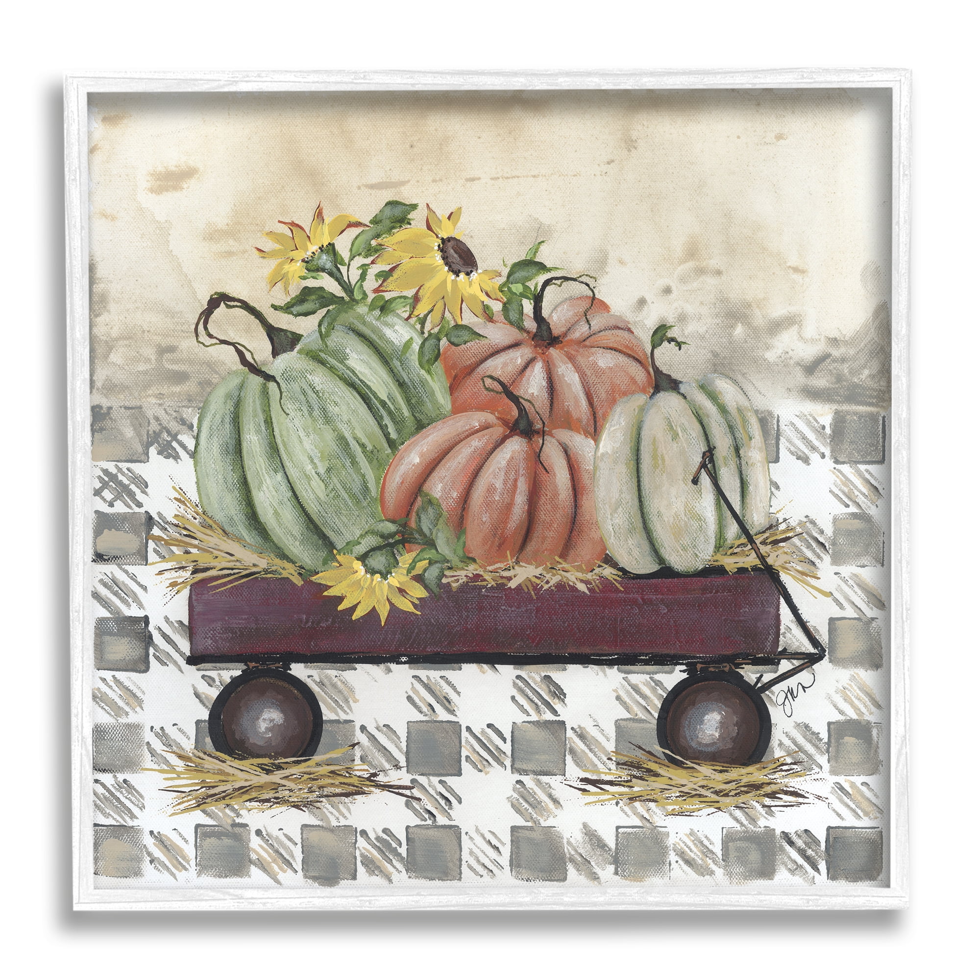 Stupell Industries Pumpkin Harvest Wagon Botanical & Floral Painting White Framed Art Print Wall Art, 12 x 12
