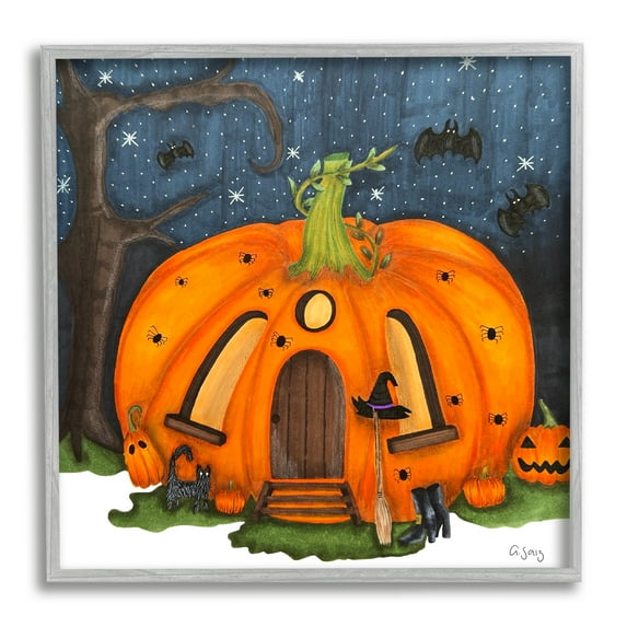 Stupell Industries Pumpkin House In Woods Holiday Painting Gray Framed Art Print Wall Art
