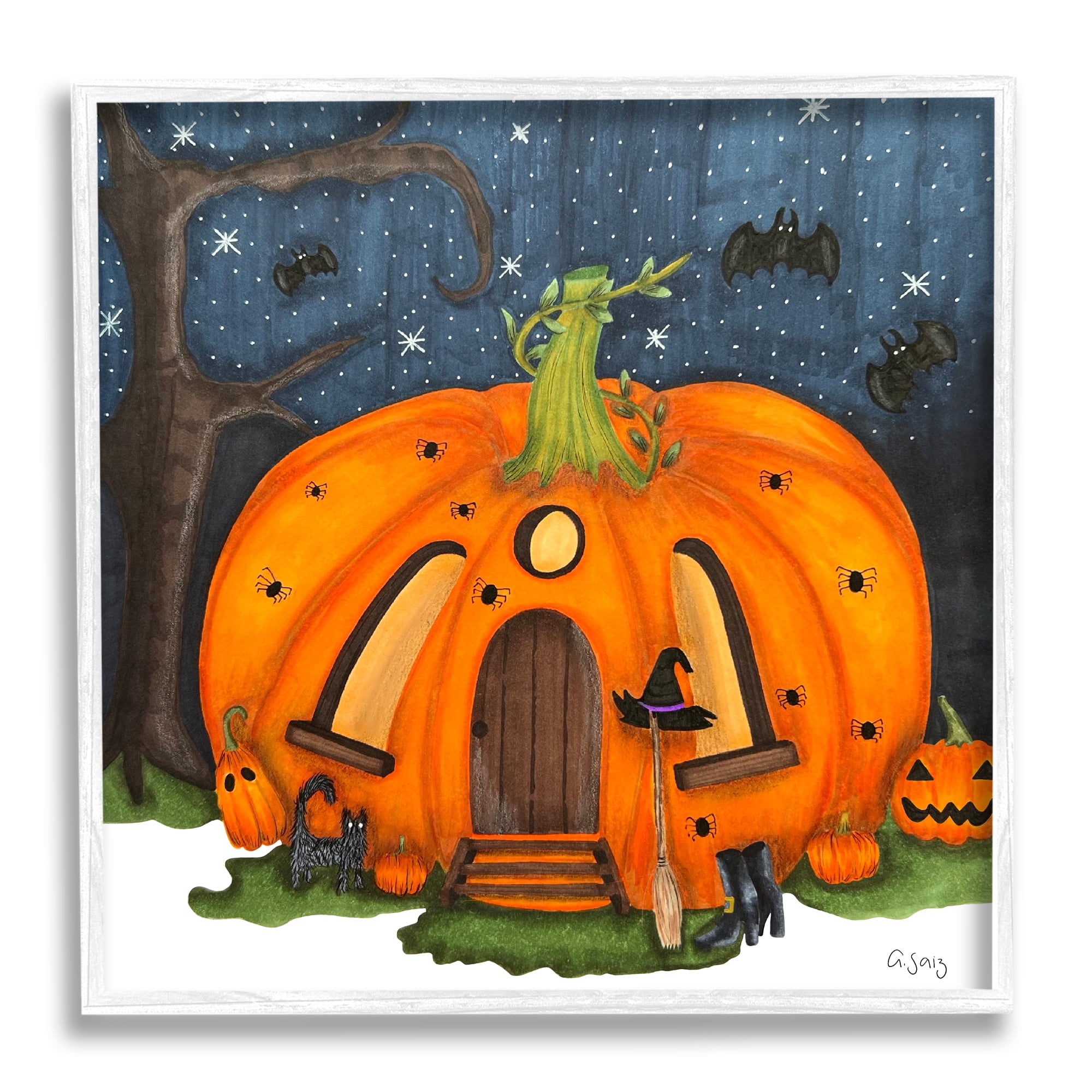 Stupell Industries Pumpkin House In Woods Holiday Painting White Framed Art Print Wall Art