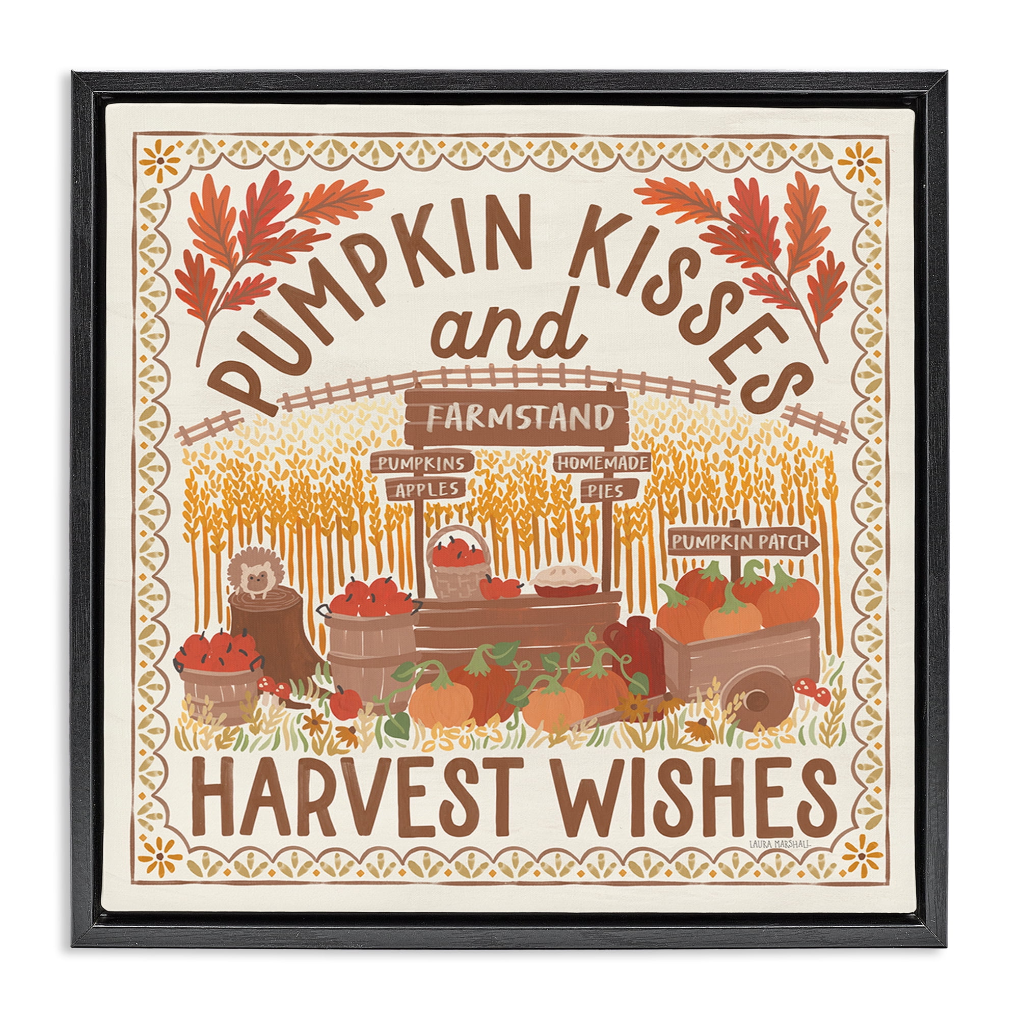 Stupell Industries Pumpkin Kisses Fall Scene Landscape Painting Black Floater Framed Art Print Wall Art, 18 x 18
