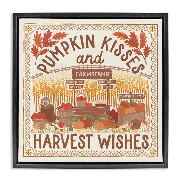 Stupell Industries Pumpkin Kisses Fall Scene Landscape Painting Black Floater Framed Art Print Wall Art, 25 x 25