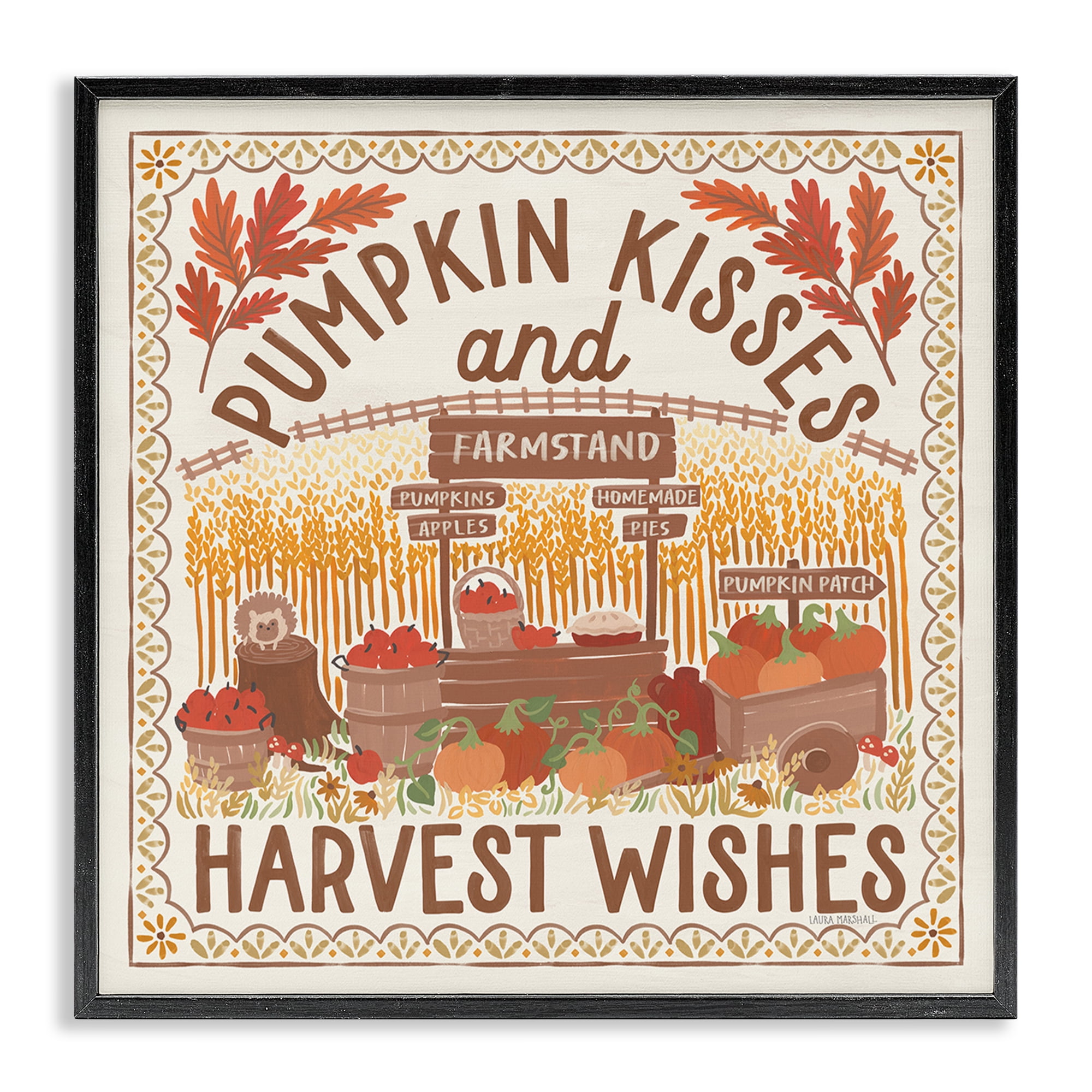 Stupell Industries Pumpkin Kisses Fall Scene Landscape Painting Black Framed Art Print Wall Art, 24 x 24