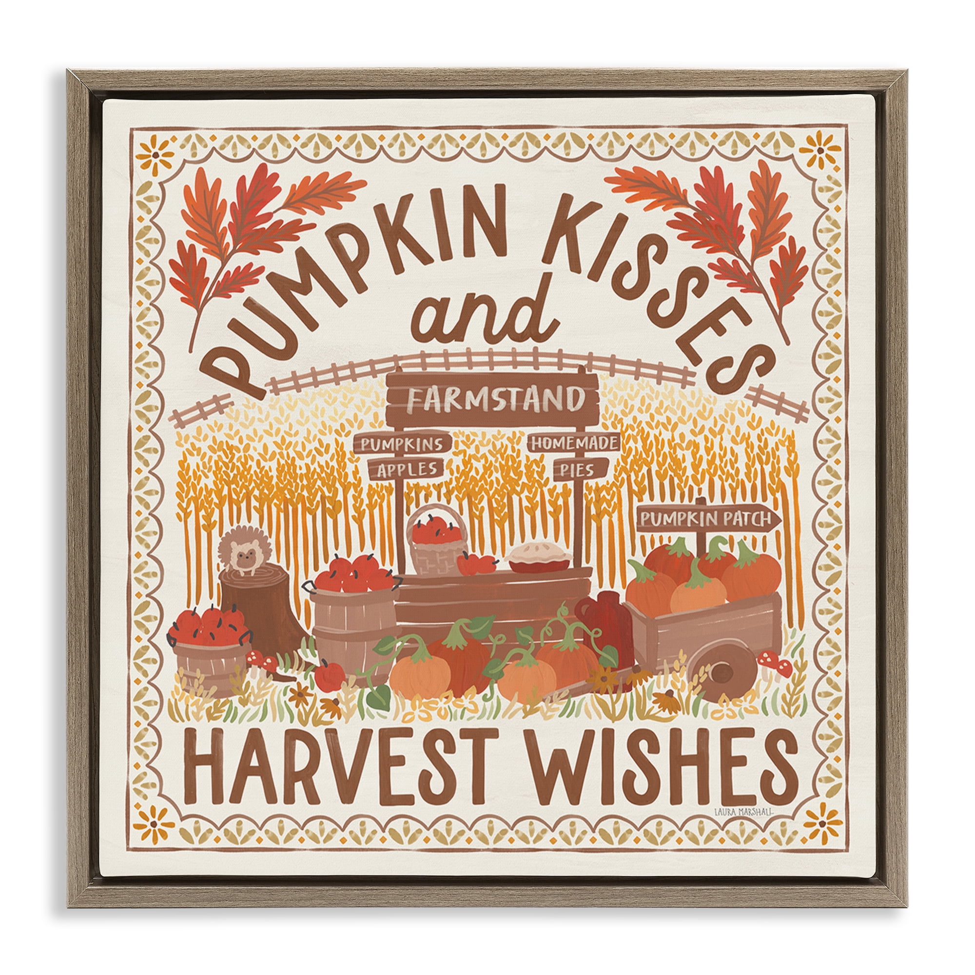 Stupell Industries Pumpkin Kisses Fall Scene Landscape Painting Brown Floater Framed Art Print Wall Art, 25 x 25