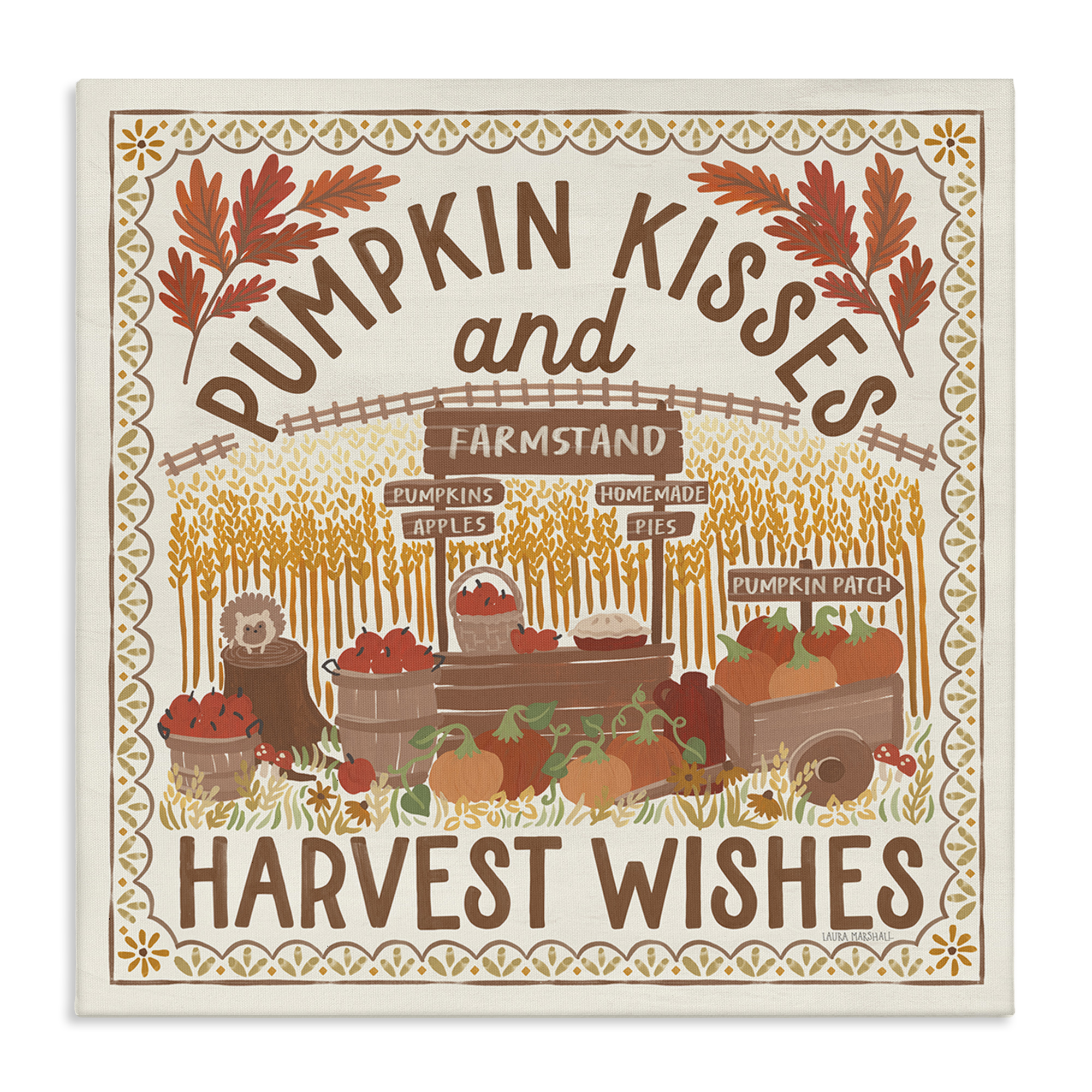 Stupell Industries Pumpkin Kisses Fall Scene Landscape Painting Gallery Wrapped Canvas Art Print Wall Art, 24 x 24