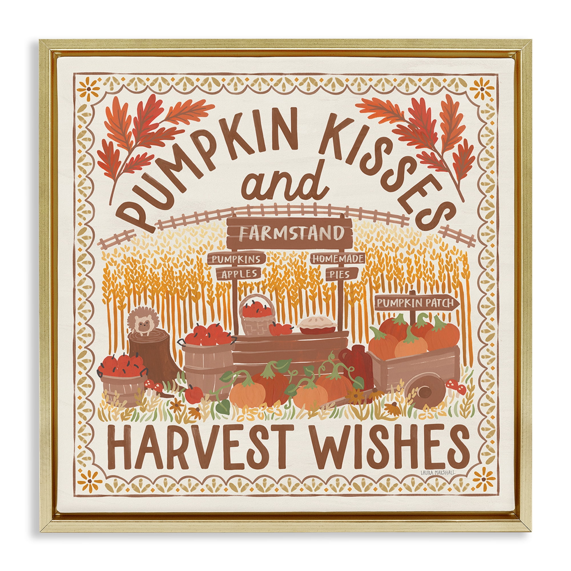 Stupell Industries Pumpkin Kisses Fall Scene Landscape Painting Gold Floater Framed Art Print Wall Art, 25 x 25