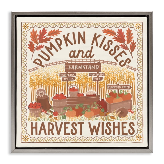Stupell Industries Pumpkin Kisses Fall Scene Landscape Painting Gray Floater Framed Art Print Wall Art, 18 x 18