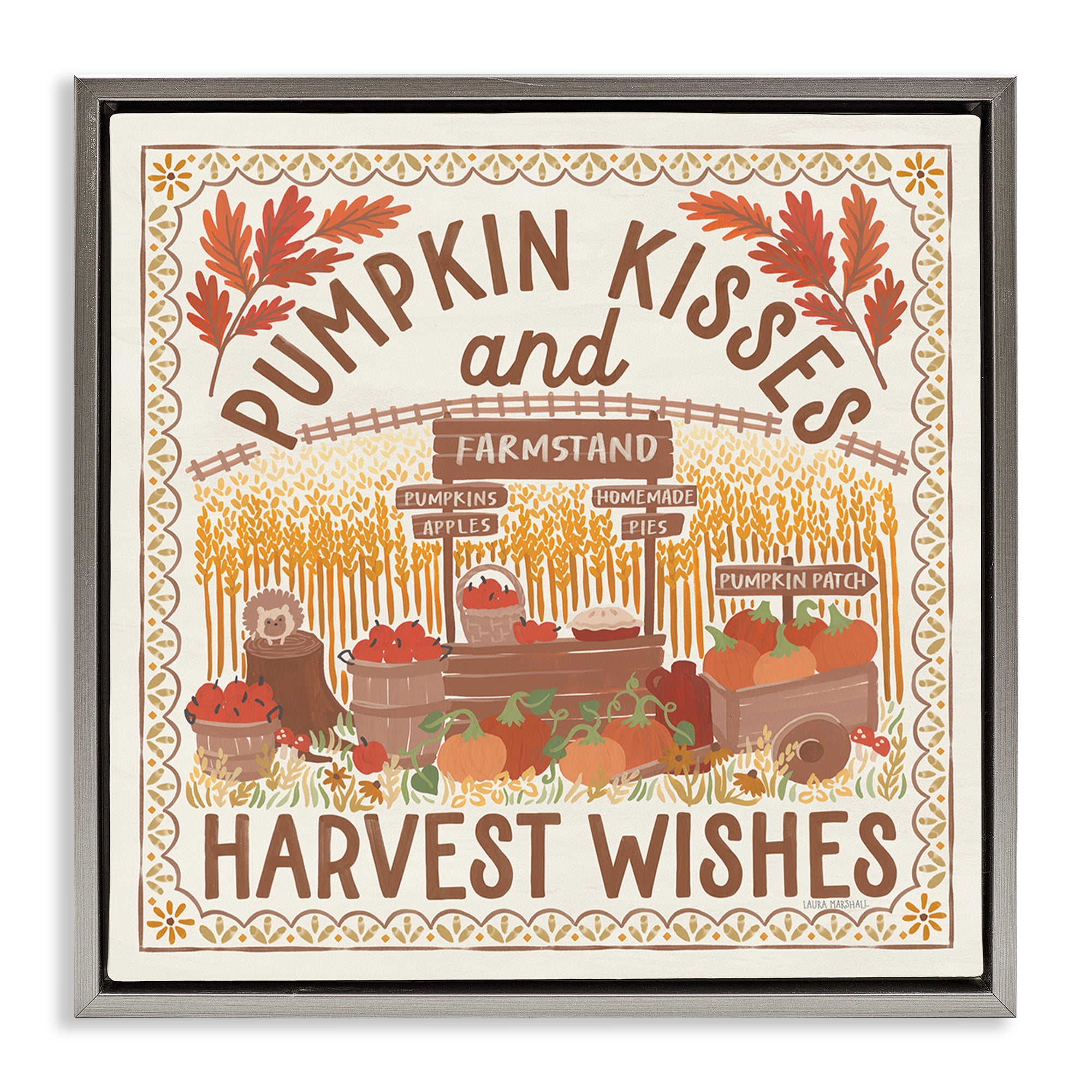 Stupell Industries Pumpkin Kisses Fall Scene Landscape Painting Gray Floater Framed Art Print Wall Art, 25 x 25