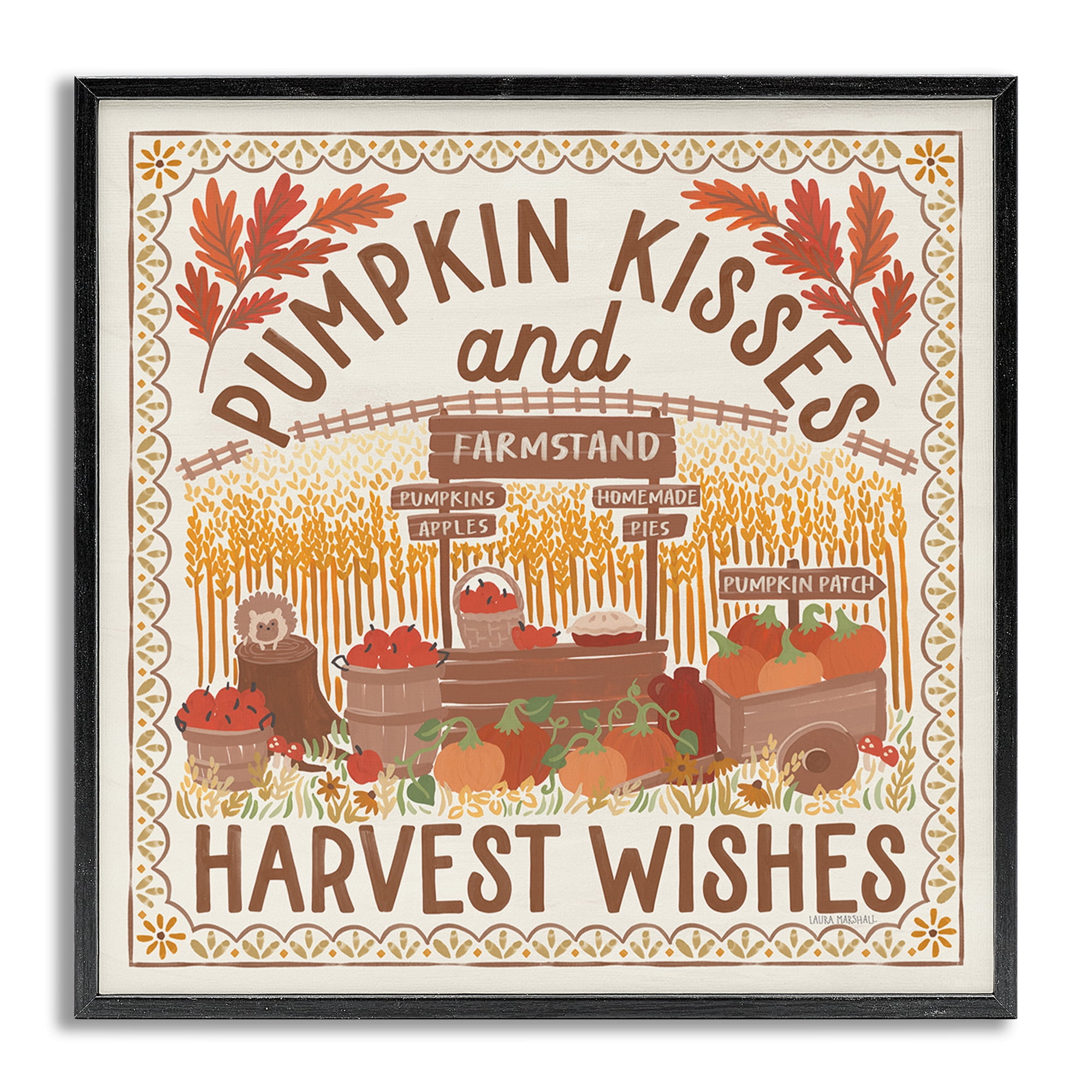 Stupell Industries Pumpkin Kisses Fall Scene Landscape Painting Gray Framed Art Print Wall Art, 24 x 24